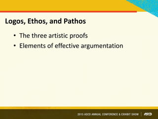 Logos, Ethos, and Pathos
• The three artistic proofs
• Elements of effective argumentation
 