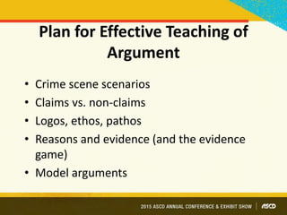 Plan for Effective Teaching of
Argument
• Crime scene scenarios
• Claims vs. non-claims
• Logos, ethos, pathos
• Reasons and evidence (and the evidence
game)
• Model arguments
 
