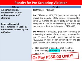 Offense Penalty
Airing/publication/
installation or display
without proper ASC
clearance
Refer to Manual of
Procedures Rul...