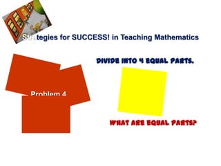 Strategies for SUCCESS! in Teaching Mathematics


                   Divide into 4 equal parts.



  Problem 4


                       What are equal parts?
 