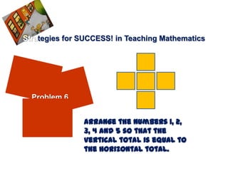 Strategies for SUCCESS! in Teaching Mathematics




  Problem 6


               Arrange the numbers 1, 2,
               3, 4 and 5 so that the
               vertical total is equal to
               the horizontal total.
 