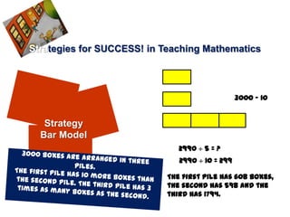 Strategies for SUCCESS! in Teaching Mathematics




                                                 3000 – 10


   Strategy
  Bar Model
                               2990  5 = ?
                               2990  10 = 299

                            The first pile has 608 boxes,
                            the second has 598 and the
                            third has 1794.
 