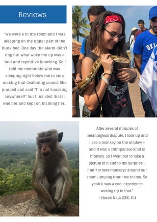Reviews
“We were 6 in the room and I was
sleeping on the upper part of the
bunk bed. One day the alarm didn’t
ring but what woke me up was a
loud and repetitive knocking. So I
told my roommate who was
sleeping right below me to stop
making that deafening sound. She
jumped and said “I’m not knocking
anywhere!!” but I insisted that it
was her and kept on blaming her.
After several minutes of
meaningless dispute, I look up and
I see a monkey on the window –
and It was a chimpanzee kind of
monkey. So I went out to take a
picture of it and to my surprise, I
find 7 others monkeys around our
room jumping from tree to tree. So
yeah it was a cool experience
waking up to that.”
– Nazek Naja (CEE, E1)
 