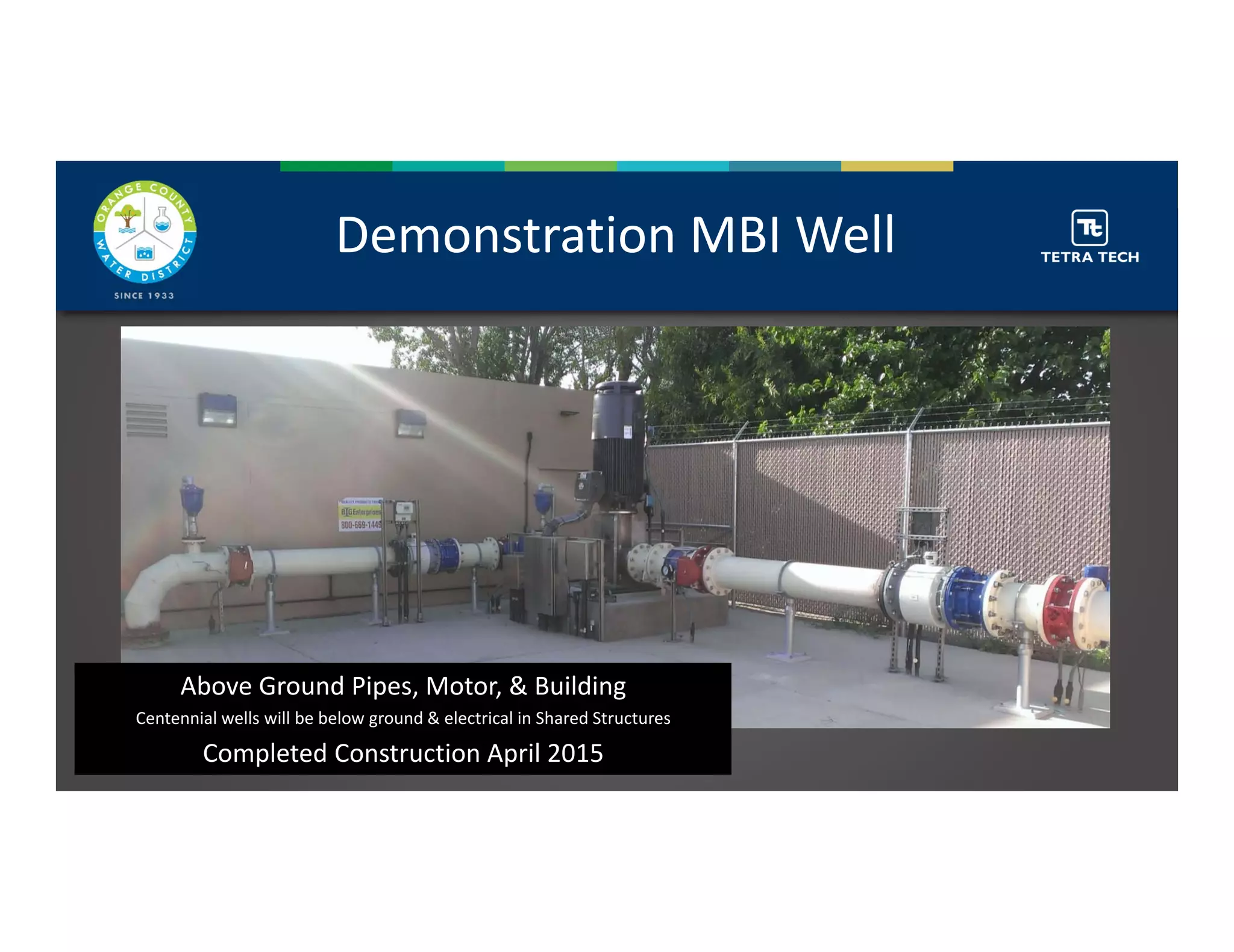Demonstration MBI Well
Above Ground Pipes, Motor, & Building
Centennial wells will be below ground & electrical in Shared Structures
Completed Construction April 2015
 