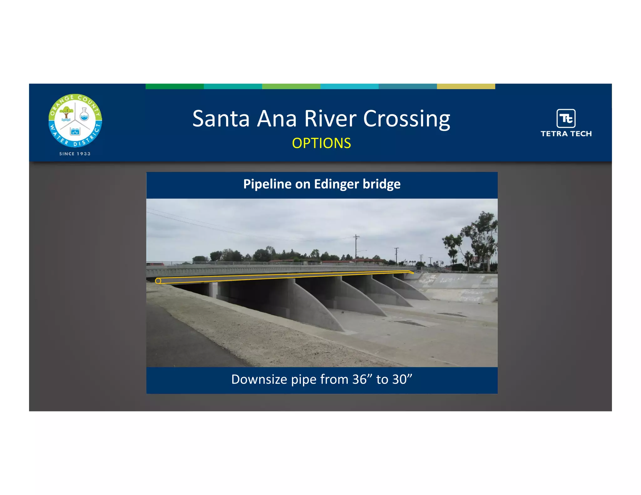 Santa Ana River Crossing
OPTIONS
Pipeline on Edinger bridge
Downsize pipe from 36” to 30”
 
