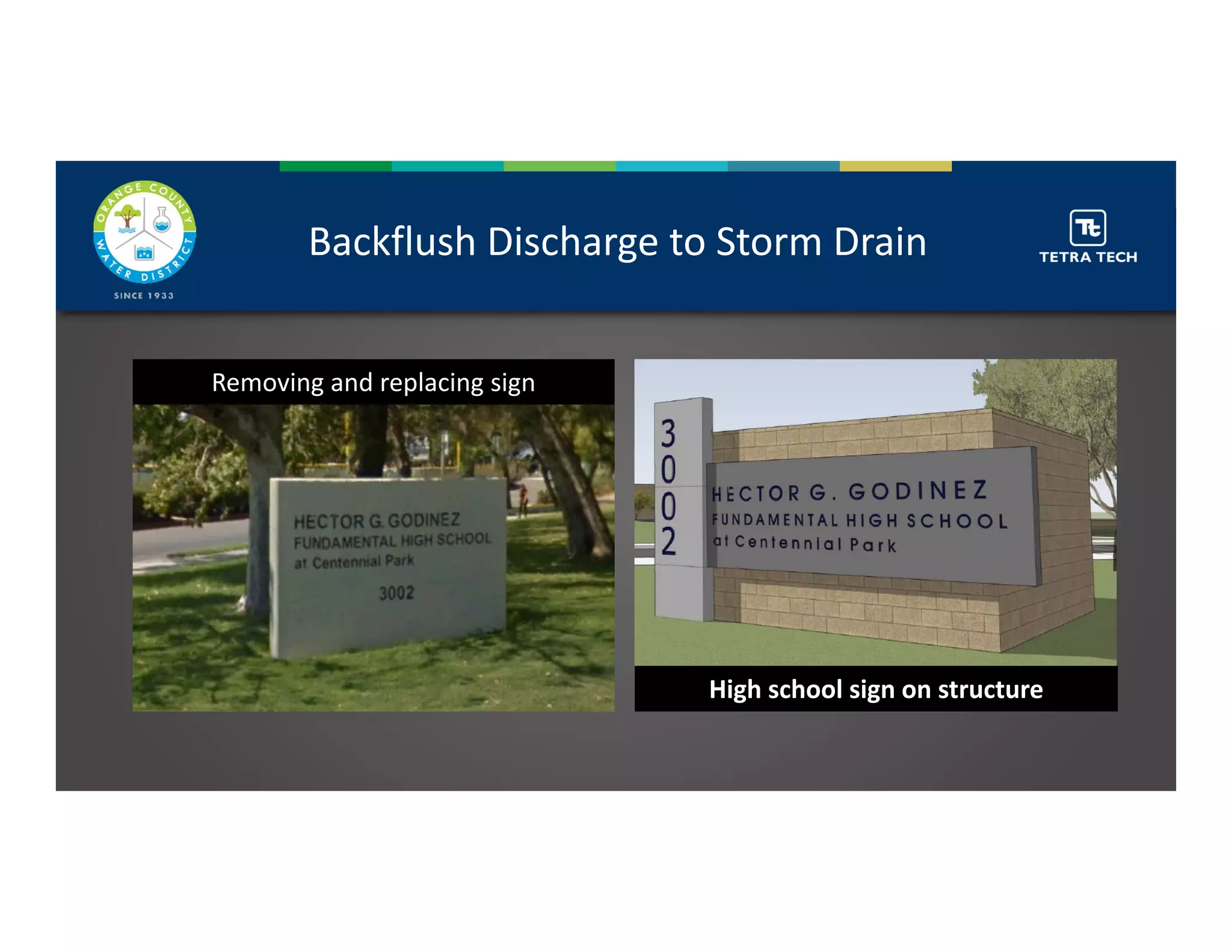 Backflush Discharge to Storm Drain
High school sign on structure
Removing and replacing sign
 