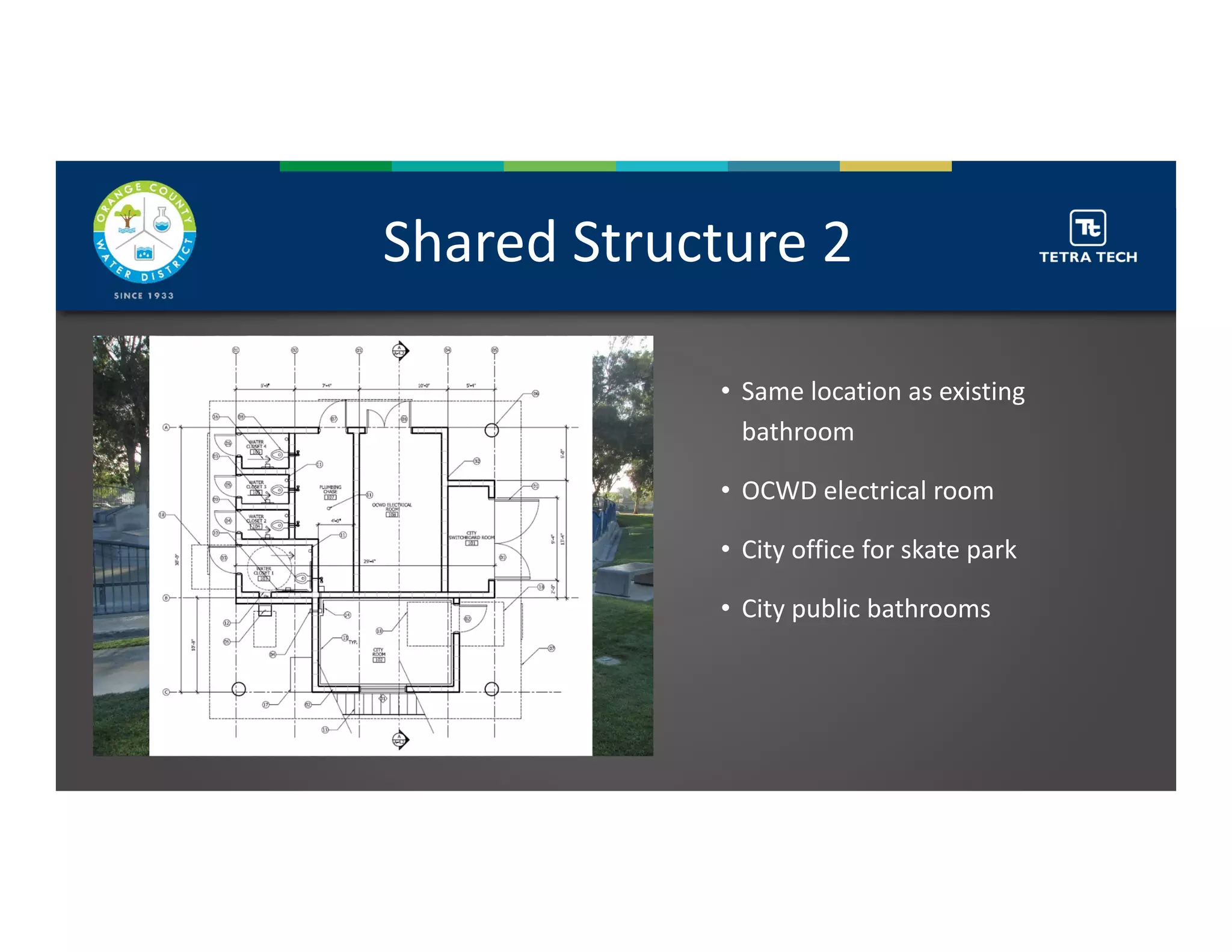 • Same location as existing 
bathroom
• OCWD electrical room
• City office for skate park
• City public bathrooms
Shared Structure 2        
 