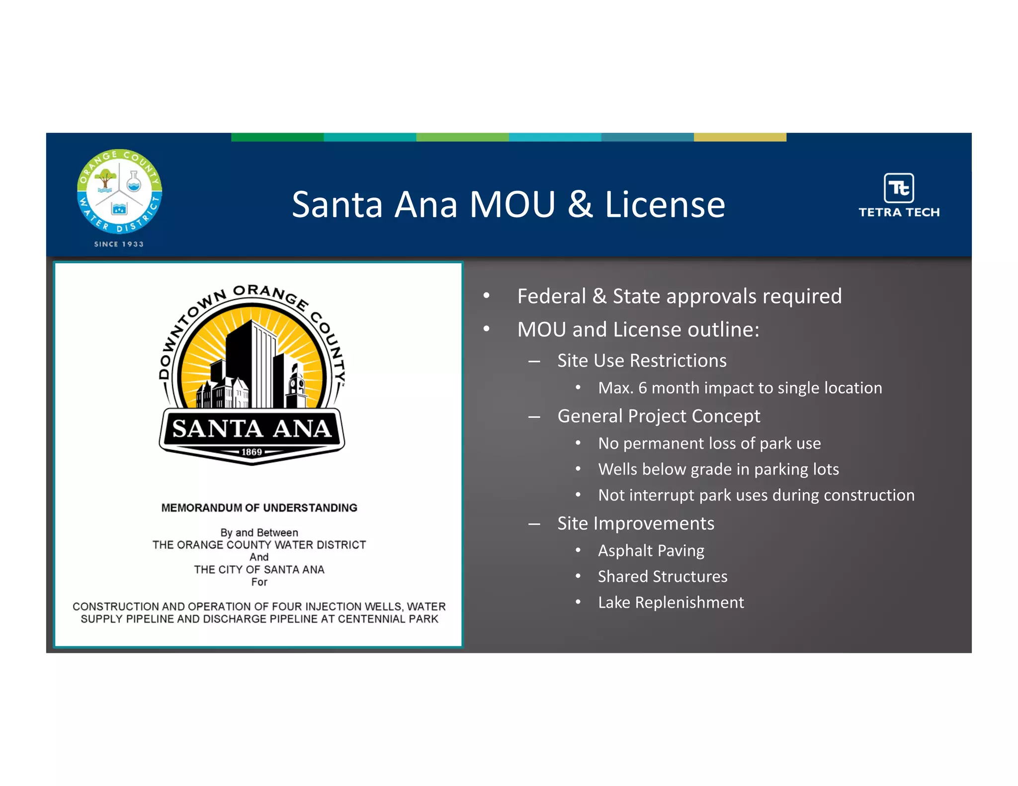 Santa Ana MOU & License
• Federal & State approvals required
• MOU and License outline:
– Site Use Restrictions
• Max. 6 month impact to single location
– General Project Concept
• No permanent loss of park use
• Wells below grade in parking lots
• Not interrupt park uses during construction
– Site Improvements
• Asphalt Paving
• Shared Structures
• Lake Replenishment
 