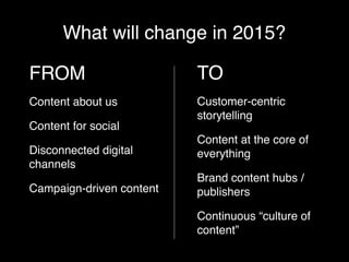 What will change in 2015? 
FROM ! 
Content about us! 
Content for social! 
Disconnected digital 
channels! 
Campaign-driven content 
TO! 
Customer-centric 
storytelling! 
Content at the core of 
everything ! 
Brand content hubs / 
publishers! 
Continuous “culture of 
content” 
 