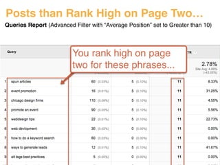Posts than Rank High on Page Two… 
Queries Report (Advanced Filter with “Average Position” set to Greater than 10) 
#ASCENDSUMMIT2014 
 
