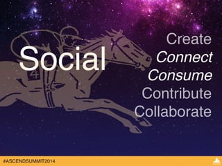 Social 
#ASCENDSUMMIT2014 
Create! 
Connect! 
Consume! 
Contribute! 
Collaborate 
 