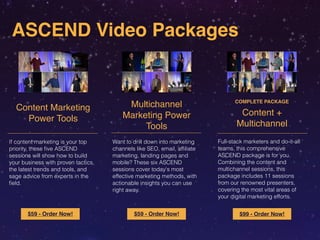 Content Marketing 
Power Tools 
If content marketing is your top 
priority, these five ASCEND 
sessions will show how to build 
your business with proven tactics, 
the latest trends and tools, and 
sage advice from experts in the 
field. 
$59 - Order Now! 
Multichannel 
Marketing Power 
Tools 
Want to drill down into marketing 
channels like SEO, email, affiliate 
marketing, landing pages and 
mobile? These six ASCEND 
sessions cover today's most 
effective marketing methods, with 
actionable insights you can use 
right away. 
$59 - Order Now! 
COMPLETE PACKAGE 
Content + 
Multichannel 
Full-stack marketers and do-it-all 
teams, this comprehensive 
ASCEND package is for you. 
Combining the content and 
multichannel sessions, this 
package includes 11 sessions 
from our renowned presenters, 
covering the most vital areas of 
your digital marketing efforts. 
$99 - Order Now! 
ASCEND Video Packages 
 