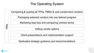 The Operating System
Packaging selected vendors into one tailored program
Comparing & quoting all TPAs, PBMs & cost containment vendors
Vetting vendor options
Marketing stop loss and comparing contract terms
Client presentations and implementation support
Dedicated strategic guidance and recommendations
Allay
 