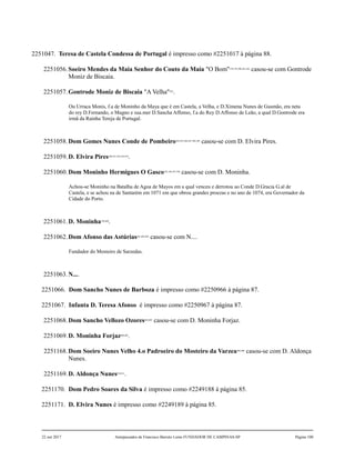 2251047. Teresa de Castela Condessa de Portugal é impresso como #2251017 à página 88.
2251056.Soeiro Mendes da Maia Senhor do Couto da Maia "O Bom"378,379,380,381,382
casou-se com Gontrode
Moniz de Biscaia.
2251057.Gontrode Moniz de Biscaia "A Velha"383
.
Ou Urraca Monis, f.a de Moninho da Maya que é em Castela, a Velha, e D.Ximena Nunes de Gusmão, era neta
do rey D.Fernando, o Magno e sua.mer D.Sancha Affonso, f.a do Rey D.Affonso de Leão, a qual D.Gontrode era
irmã da Rainha Tereja de Portugal.
2251058.Dom Gomes Nunes Conde de Pombeiro384,385,386,387,388,389
casou-se com D. Elvira Pires.
2251059.D. Elvira Pires390,391,392,393,394
.
2251060.Dom Moninho Hermigues O Gasco395,396,397,398
casou-se com D. Moninha.
Achou-se Moninho na Batalha de Agoa de Mayos em a qual venceu e derrotou ao Conde D.Gracia G.al de
Castela, e se achou na de Santarém em 1071 em que obrou grandes proezas e no ano de 1074, era Governador da
Cidade do Porto.
2251061.D. Moninha399,400
.
2251062.Dom Afonso das Astúrias401,402,403
casou-se com N....
Fundador do Mosteiro de Sarzedas.
2251063.N....
2251066. Dom Sancho Nunes de Barboza é impresso como #2250966 à página 87.
2251067. Infanta D. Teresa Afonso é impresso como #2250967 à página 87.
2251068.Dom Sancho Vellozo Ozores404,405
casou-se com D. Moninha Forjaz.
2251069.D. Moninha Forjaz406,407
.
2251168.Dom Soeiro Nunes Velho 4.o Padroeiro do Mosteiro da Varzea408,409
casou-se com D. Aldonça
Nunes.
2251169.D. Aldonça Nunes410,411
.
2251170. Dom Pedro Soares da Silva é impresso como #2249188 à página 85.
2251171. D. Elvira Nunes é impresso como #2249189 à página 85.
22 out 2017 Antepassados de Francisco Barreto Leme FUNDADOR DE CAMPINAS-SP Página 100
 