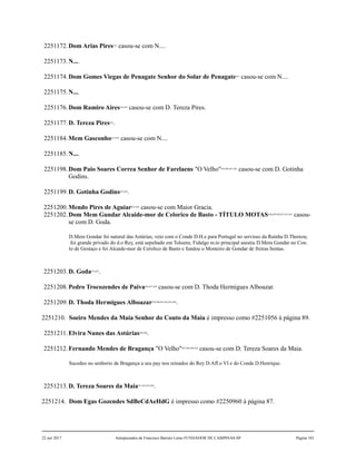 2251172.Dom Arias Pires412
casou-se com N....
2251173.N....
2251174.Dom Gomes Viegas de Penagate Senhor do Solar de Penagate413
casou-se com N....
2251175.N....
2251176.Dom Ramiro Aires414,415
casou-se com D. Tereza Pires.
2251177.D. Tereza Pires416
.
2251184.Mem Gasconho417,418
casou-se com N....
2251185.N....
2251198.Dom Paio Soares Correa Senhor de Farelaens "O Velho"419,420,421,422
casou-se com D. Gotinha
Godins.
2251199.D. Gotinha Godins423,424
.
2251200.Mendo Pires de Aguiar425,426
casou-se com Maior Gracia.
2251202.Dom Mem Gundar Alcaide-mor de Celorico de Basto - TÍTULO MOTAS428,429,430,431,432,433
casou-
se com D. Goda.
D.Mem Gondar foi natural das Astúrias; veio com o Conde D.H.e para Portugal no servisso da Rainha D.Thereza;
foi grande privado do d.o Rey, está sepultado em Toloens; Fidalgo m.to principal asestiu D.Mem Gondar no Con.
lo de Gestaço e foi Alcaide-mor de Cerolico de Basto e fundou o Mosteiro de Gondar de freiras bentas.
2251203.D. Goda434,435
.
2251208.Pedro Trocozendes de Paiva436,437,438
casou-se com D. Thoda Hermigues Alboazar.
2251209.D. Thoda Hermigues Alboazar439,440,441,442,443,444
.
2251210. Soeiro Mendes da Maia Senhor do Couto da Maia é impresso como #2251056 à página 89.
2251211.Elvira Nunes das Astúrias445,446
.
2251212.Fernando Mendes de Bragança "O Velho"447,448,449,450
casou-se com D. Tereza Soares da Maia.
Sucedeo no senhorio de Bragança a seu pay nos reinados do Rey D.Aff.o VI e do Conde D.Henrique.
2251213.D. Tereza Soares da Maia451,452,453,454
.
2251214. Dom Egas Gozendes SdBeCdAeHdG é impresso como #2250960 à página 87.
22 out 2017 Antepassados de Francisco Barreto Leme FUNDADOR DE CAMPINAS-SP Página 101
 