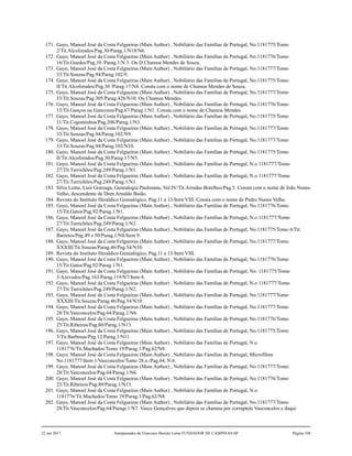 171. Gayo, Manoel José da Costa Felgueiras (Main Author) , Nobiliário das Famílias de Portugal, No.1181775/Tomo
2/Tit.Alcoforados/Pag.30/Parag.1/N18/N6.
172. Gayo, Manoel José da Costa Felgueiras (Main Author) , Nobiliário das Famílias de Portugal, No.1181776/Tomo
16/Tit.Guedes/Pag.10 /Parag.1/N.3. Ou D.Chamoa Mendes de Souza.
173. Gayo, Manoel José da Costa Felgueiras (Main Author) , Nobiliário das Famílias de Portugal, No.1181777/Tomo
33/Tit.Souzas/Pag.94/Parag.102/9.
174. Gayo, Manoel José da Costa Felgueiras (Main Author) , Nobiliário das Famílias de Portugal, No.1181775/Tomo
II/Tit.Alcoforados/Pag.30 /Parag.17/N4. Consta com o nome de Chamoa Mendes de Souza.
175. Gayo, Manoel José da Costa Felgueiras (Main Author) , Nobiliário das Famílias de Portugal, No.1181777/Tomo
33/Tit.Souzas/Pag.305/Parag.426/N10. Ou Chamoa Mendes.
176. Gayo, Manoel José da Costa Felgueiras (Main Author) , Nobiliário das Famílias de Portugal, No.1181776/Tomo
15/Tit.Ganços ou Gancozos/Pag.67/Parag.1/N1. Consta com o nome de Chamoa Mendes.
177. Gayo, Manoel José da Costa Felgueiras (Main Author) , Nobiliário das Famílias de Portugal, No.1181775/Tomo
11/Tit.Cogominhos/Pag.206/Parag.1/N3.
178. Gayo, Manoel José da Costa Felgueiras (Main Author) , Nobiliário das Famílias de Portugal, No.1181777/Tomo
33/Tit.Souzas/Pag.94/Parag.102/N9.
179. Gayo, Manoel José da Costa Felgueiras (Main Author) , Nobiliário das Famílias de Portugal, No.1181777/Tomo
33/Tit.Souzas/Pag.94/Parag.102/N10.
180. Gayo, Manoel José da Costa Felgueiras (Main Author) , Nobiliário das Famílias de Portugal, No.1181775/Tomo
II/Tit.Alcoforados/Pag.30/Parag.17/N5.
181. Gayo, Manoel José da Costa Felgueiras (Main Author) , Nobiliário das Famílias de Portugal, N.o 1181777/Tomo
27/Tit.Turrichões/Pag.249/Parag.1/N1.
182. Gayo, Manoel José da Costa Felgueiras (Main Author) , Nobiliário das Famílias de Portugal, N.o 1181777/Tomo
27/Tit.Turrichões/Pag.249/Parag.1/N1.
183. Silva Leme, Luiz Gonzaga, Genealogia Paulistana, Vol.IV/Tit.Arrudas Botelhos/Pag.5. Consta com o nome de João Nunes
Velho, descendente de Dom Arnaldo Baião.
184. Revista do Instituto Heraldico Genealógico, Pag.11 a 13/Item VIII. Consta com o nome de Pedro Nunes Velho.
185. Gayo, Manoel José da Costa Felgueiras (Main Author) , Nobiliário das Famílias de Portugal, No.1181776/Tomo
15/Tit.Gatos/Pag.92/Parag.1/N1.
186. Gayo, Manoel José da Costa Felgueiras (Main Author) , Nobiliário das Famílias de Portugal, N.o 1181777/Tomo
27/Tit.Turrichões/Pag.249/Parag.1/N2.
187. Gayo, Manoel José da Costa Felgueiras (Main Author) , Nobiliário das Famílias de Portugal, No.1181775/Tomo 6/Tit.
Barretos/Pag.49 e 50/Parag.1/N8/Item 9.
188. Gayo, Manoel José da Costa Felgueiras (Main Author) , Nobiliário das Famílias de Portugal, No.1181777/Tomo
XXXIII/Tit.Souzas/Parag.46/Pag.54/N10.
189. Revista do Instituto Heraldico Genealógico, Pag.11 a 13/Item VIII.
190. Gayo, Manoel José da Costa Felgueiras (Main Author) , Nobiliário das Famílias de Portugal, No.1181776/Tomo
15/Tit.Gatos/Pag.92/Parag.1/N1.
191. Gayo, Manoel José da Costa Felgueiras (Main Author) , Nobiliário das Famílias de Portugal, No. 1181775/Tomo
3/Azevedos/Pag.163/Parag.119/N7/Item 8.
192. Gayo, Manoel José da Costa Felgueiras (Main Author) , Nobiliário das Famílias de Portugal, N.o 1181777/Tomo
27/Tit.Turrichões/Pag.249/Parag.1/N2.
193. Gayo, Manoel José da Costa Felgueiras (Main Author) , Nobiliário das Famílias de Portugal, No.1181777/Tomo
XXXIII/Tit.Souzas/Parag.46/Pag.54/N10.
194. Gayo, Manoel José da Costa Felgueiras (Main Author) , Nobiliário das Famílias de Portugal, No.1181777/Tomo
28/Tit.Vasconcelos/Pag.64/Parag.1/N6.
195. Gayo, Manoel José da Costa Felgueiras (Main Author) , Nobiliário das Famílias de Portugal, No.1181776/Tomo
25/Tit.Ribeiros/Pag.80/Parag.1/N13.
196. Gayo, Manoel José da Costa Felgueiras (Main Author) , Nobiliário das Famílias de Portugal, No.1181775/Tomo
5/Tit.Barbosas/Pag.12/Parag.1/N11.
197. Gayo, Manoel José da Costa Felgueiras (Main Author) , Nobiliário das Famílias de Portugal, N.o
1181776/Tit.Machados/Tomo 19/Parag.1/Pag.62/N8.
198. Gayo, Manoel José da Costa Felgueiras (Main Author) , Nobiliário das Famílias de Portugal, Microfilme
No.1181777/Item 1/Vasconcelos/Tomo 28.o./Pag.64, N.6.
199. Gayo, Manoel José da Costa Felgueiras (Main Author) , Nobiliário das Famílias de Portugal, No.1181777/Tomo
28/Tit.Vasconcelos/Pag.64/Parag.1/N6.
200. Gayo, Manoel José da Costa Felgueiras (Main Author) , Nobiliário das Famílias de Portugal, No.1181776/Tomo
25/Tit.Ribeiros/Pag.80/Parag.1/N13.
201. Gayo, Manoel José da Costa Felgueiras (Main Author) , Nobiliário das Famílias de Portugal, N.o
1181776/Tit.Machados/Tomo 19/Parag.1/Pag.62/N8.
202. Gayo, Manoel José da Costa Felgueiras (Main Author) , Nobiliário das Famílias de Portugal, No.1181777/Tomo
28/Tit.Vasconcelos/Pag.64/Paragr.1/N7. Vasco Gonçalves que depois se chamou por corruptela Vasconcelos e daqui
22 out 2017 Antepassados de Francisco Barreto Leme FUNDADOR DE CAMPINAS-SP Página 108
 