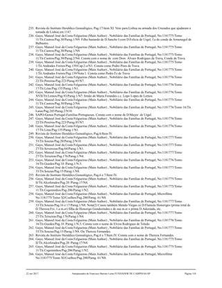 235. Revista do Instituto Heraldico Genealógico, Pag.17/item XI. Veio para Lisboa na armada dos Cruzados que ajudaram a
tomada de Lisboa em 1147.
236. Gayo, Manoel José da Costa Felgueiras (Main Author) , Nobiliário das Famílias de Portugal, No.1181775/Tomo
11/Tit.Castros/Pag.30/Parag.1/N9. Filho bastardo de D.Sancho I com D.Felícia de Urgel, f.a do conde de Armenagol de
Balbastro.
237. Gayo, Manoel José da Costa Felgueiras (Main Author) , Nobiliário das Famílias de Portugal, No.1181775/Tomo
11/Tit.Castros/Pag.30/Parag.1/N9.
238. Gayo, Manoel José da Costa Felgueiras (Main Author) , Nobiliário das Famílias de Portugal, No.1181775/Tomo
11/Tit.Castros/Pag.30/Parag.2/N4. Consta com o nome de com Dom Álvaro Rodrigues de Trava, Conde de Trava.
239. Gayo, Manoel José da Costa Felgueiras (Main Author) , Nobiliário das Famílias de Portugal, No.1181775/Tomo
1/Tit.Andrades Freires/Pag.139/Cap.2.o/N1. Consta como Pedro Pires de Trava.
240. Gayo, Manoel José da Costa Felgueiras (Main Author) , Nobiliário das Famílias de Portugal, No.1181775/Tomo
1/Tit.Andrades Freires/Pag.139/Nota 1. Consta como Pedro Fz de Trava.
241. Gayo, Manoel José da Costa Felgueiras (Main Author) , Nobiliário das Famílias de Portugal, No.1181776/Tomo
22/Tit.Pereiras/Pag.223/Parag.85/N7.
242. Gayo, Manoel José da Costa Felgueiras (Main Author) , Nobiliário das Famílias de Portugal, No.1181776/Tomo
17/Tit.Liras/Pag.135/Parag.1/N1.
243. Gayo, Manoel José da Costa Felgueiras (Main Author) , Nobiliário das Famílias de Portugal, No.1181776/Tomo
XVII/Tit.Lemos/Pag.93/Parag.1/N7. Irmão de Maria Ferandes c.c. Lopo Lopes de Lemos.
244. Gayo, Manoel José da Costa Felgueiras (Main Author) , Nobiliário das Famílias de Portugal, No.1181775/Tomo
11/Tit.Castros/Pag.30/Parag.2/N4.
245. Gayo, Manoel José da Costa Felgueiras (Main Author) , Nobiliário das Famílias de Portugal, No.1181776/Tomo 16/Tit.
Laras/Pag.243/Parag.2/N10.
246. SAPO-Genea Portugal-Familias Portuguesas. Consta com o nome de D.Mayor de Urgel.
247. Gayo, Manoel José da Costa Felgueiras (Main Author) , Nobiliário das Famílias de Portugal, No.1181776/Tomo
22/Tit.Pereiras/Pag.223/Parag.85/N7.
248. Gayo, Manoel José da Costa Felgueiras (Main Author) , Nobiliário das Famílias de Portugal, No.1181776/Tomo
17/Tit.Liras/Pag.135/Parag.1/N1.
249. Revista do Instituto Heraldico Genealógico, Pag.6/Item IV.
250. Gayo, Manoel José da Costa Felgueiras (Main Author) , Nobiliário das Famílias de Portugal, No.1181777/Tomo
33/Tit.Souzas/Pag.20/Parag.2/N10.
251. Gayo, Manoel José da Costa Felgueiras (Main Author) , Nobiliário das Famílias de Portugal, No.1181777/Tomo
27/Tit.Soverozas/Pag.64/Parag.1/N1.
252. Gayo, Manoel José da Costa Felgueiras (Main Author) , Nobiliário das Famílias de Portugal, No.1181777/Tomo
27/Tit.Teixeiras/Pag.176/Parag.1/N4.
253. Gayo, Manoel José da Costa Felgueiras (Main Author) , Nobiliário das Famílias de Portugal, No.1181776/Tomo
16/Tit.Guedes/Pag.10 /Parag.1/N.3.
254. Gayo, Manoel José da Costa Felgueiras (Main Author) , Nobiliário das Famílias de Portugal, No.1181777/Tomo
33/Tit.Souzas/Pag.15/Parag.1/N8.
255. Revista do Instituto Heraldico Genealógico, Pag.6 e 7/Item IV.
256. Gayo, Manoel José da Costa Felgueiras (Main Author) , Nobiliário das Famílias de Portugal, No.1181775/Tomo
II/Tit.Alcoforados/Pag.20 /Parag.17/N4.
257. Gayo, Manoel José da Costa Felgueiras (Main Author) , Nobiliário das Famílias de Portugal, No.1181775/Tomo
11/Tit.Cogominhos/Pag.206/Parag.1/N2.
258. Gayo, Manoel José da Costa Felgueiras (Main Author) , Nobiliário das Famílias de Portugal, Microfilme
No.1181775/Tomo XI/Coelhos/Pag.200/Parag. 61/N8.
259. Gayo, Manoel José da Costa Felgueiras (Main Author) , Nobiliário das Famílias de Portugal, No.1181777/Tomo
33/Tit.Souzas/Pag.16 e 17/Parag.1/N8. Nota(2) Casou também Mendo Viegas co D.Flamula Honoriges (prima irmã de
D.Thereza Frz, 1.a m.er) filha de Honorigo Gondozindes e de sua m.er e prima D.Adozinda, etc.
260. Gayo, Manoel José da Costa Felgueiras (Main Author) , Nobiliário das Famílias de Portugal, No.1181777/Tomo
27/Tit.Teixeiras/Pag.176/Parag.1/N4.
261. Gayo, Manoel José da Costa Felgueiras (Main Author) , Nobiliário das Famílias de Portugal, No.1181776/Tomo
16/Tit.Guedes/Pag.10 /Parag.1/N.3. Consta com o nome de Elvira Rodrigues de Toledo.
262. Gayo, Manoel José da Costa Felgueiras (Main Author) , Nobiliário das Famílias de Portugal, No.1181777/Tomo
33/Tit.Souzas/Pag.15/Parag.1/N8. Ou Thereza Fernandes.
263. Revista do Instituto Heraldico Genealógico, Pag.6 e 7/Item IV. Consta com o nome de Thereza Fernandes.
264. Gayo, Manoel José da Costa Felgueiras (Main Author) , Nobiliário das Famílias de Portugal, No.1181775/Tomo
II/Tit.Alcoforados/Pag.20 /Parag.17/N4.
265. Gayo, Manoel José da Costa Felgueiras (Main Author) , Nobiliário das Famílias de Portugal, No.1181775/Tomo
11/Tit.Cogominhos/Pag.206/Parag.1/N2.
266. Gayo, Manoel José da Costa Felgueiras (Main Author) , Nobiliário das Famílias de Portugal, Microfilme
No.1181775/Tomo XI/Coelhos/Pag.200/Parag. 61/N8.
22 out 2017 Antepassados de Francisco Barreto Leme FUNDADOR DE CAMPINAS-SP Página 110
 