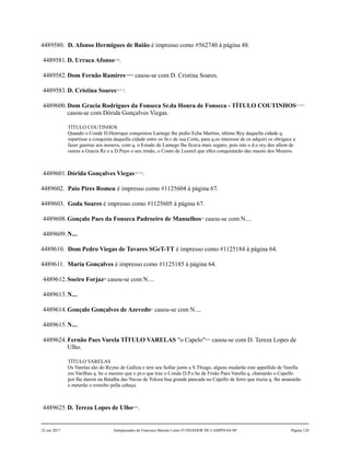 4489580. D. Afonso Hermigues de Baião é impresso como #562740 à página 48.
4489581.D. Urraca Afonso65,66
.
4489582.Dom Fernão Ramires67,68,69
casou-se com D. Cristina Soares.
4489583.D. Cristina Soares70,71,72
.
4489600.Dom Gracia Rodrigues da Fonseca Sr.da Honra de Fonseca - TÍTULO COUTINHOS73,74,75
casou-se com Dórida Gonçalves Viegas.
TÍTULO COUTINHOS
Quando o Conde D.Henrique conquistou Lamego lhe pedio Echa Martins, último Rey daquella cidade q.
repartisse a conquista daquella cidade entre os Sr.s de sua Corte, para q.os interesse de os adquiri os obrigace a
fazer guerras aos mouros, com q. o Estado de Lamego lhe ficava mais seguro, pois isto o d.o rey deo allem de
outras a Gracia Rz e a D.Payo o seu irmão, o Couto de Leomil que elles conquistarão das maons dos Mouros.
4489601.Dórida Gonçalves Viegas76,77,78
.
4489602. Paio Pires Romeu é impresso como #1125604 à página 67.
4489603. Goda Soares é impresso como #1125605 à página 67.
4489608.Gonçalo Paes da Fonseca Padroeiro de Manselhos79
casou-se com N....
4489609.N....
4489610. Dom Pedro Viegas de Tavares SGeT-TT é impresso como #1125184 à página 64.
4489611. Maria Gonçalves é impresso como #1125185 à página 64.
4489612.Soeiro Forjaz80
casou-se com N....
4489613.N....
4489614.Gonçalo Gonçalves de Azevedo81
casou-se com N....
4489615.N....
4489624.Fernão Paes Varela TÍTULO VARELAS "o Capelo"82,83
casou-se com D. Tereza Lopes de
Ulho.
TÍTULO VARELAS
Os Varelas são do Reyno de Galliza e tem seu Sollar junto a S.Thiago, alguns mudarão este appellido de Varella
em Varilhas q. he o mesmo que o pr.o que traz o Conde D.P.o he de Frnão Paes Varella q. chamarão o Capello
por lhe darem na Batalha das Navas de Toloza hua grande pancada no Capello de ferro que trazia q. lhe amasarão
e meterão o romobo pella cabeça.
4489625.D. Tereza Lopes de Ulho84,85
.
22 out 2017 Antepassados de Francisco Barreto Leme FUNDADOR DE CAMPINAS-SP Página 120
 