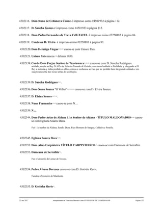 4502116. Dom Nuno de Cellanova Conde é impresso como #4501932 à página 112.
4502117. D. Sancha Gomes é impresso como #4501933 à página 112.
4502118. Dom Pedro Fernandes de Trava CdT-TAFEL é impresso como #2250882 à página 86.
4502119. Condessa D. Elvira é impresso como #2250883 à página 87.
4502120.Dom Hermigo Viegas303,304,305
casou-se com Unisco Pais.
4502121.Unisco Pais nasceu 306
dd mm 1030.
4502138.Conde Dom Forjaz Senhor de Trastamara307,308,309
casou-se com D. Sancha Rodrigues.
soldado, serviu ao Rey D.Aff.o de Leão na Tomada de Oviedo, com tanta lealdade e fidelidade q. chegando a El
Rey a notissia q. tinha perdido os olhos, entrou e exclamou ao Ceo por ter perdido hum tão grande soldado e em
sua presenza lhe deo m.tas terras do seu Reyno.
4502139.D. Sancha Rodrigues310,311
.
4502336.Dom Nuno Soares "O Velho"312,313,314,315
casou-se com D. Elvira Soares.
4502337.D. Elvira Soares316,317,318
.
4502338.Nuno Fernandes319,320
casou-se com N....
4502339.N....
4502344.Dom Pedro Arias de Aldana 11.o Senhor de Aldana - TÍTULO MALDONADOS321,322
casou-
se com Egilona Soares Deza.
Foi 11.o senhor de Aldana, Sande, Deza, Rico Homem de Sangue, Caldeira e Penella.
4502345.Egilona Soares Deza323,324
.
4502352.Dom Aires Carpinteiro TÍTULO CARPINTEIROS325
casou-se com Dameana de Serralhiz.
4502353.Dameana de Serralhiz326
.
Fez o Mosterio de Lemar de Tavozo.
4502354.Pedro Afonso Dorraes casou-se com D. Gotinha Oeris.
Fundou o Mosteiro de Manhente.
4502355.D. Gotinha Oeris327
.
22 out 2017 Antepassados de Francisco Barreto Leme FUNDADOR DE CAMPINAS-SP Página 127
 