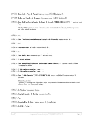 8979166. Dom Soeiro Pires de Paiva é impresso como #562802 à página 49.
8979167. D. Urraca Mendes de Bragança é impresso como #562803 à página 49.
8979200.Dom Rodrigo Garcia Senhor do Couto de Leomil - TÍTULO FONSECAS58,59,60
casou-se com
N....
D.Rodrigo fidalgo galego que passou a Gascunha q.do os mouros entrarão em Galiza, in princípio veyo c/ seus
dois f.os a Conquista de Lamego.
8979201.N....
8979216.Dom Paio Rodrigues da Fonseca Padroeiro de Mancellos61
casou-se com N....
8979217.N....
8979250.Lopo Rodrigues de Ulho62,63
casou-se com N....
8979251.N....
8979252.Dom Soeiro Aires64
casou-se com D. Maria Afonso.
8979253.D. Maria Afonso65
.
8979254.Dom Nuno Pires Maldonado Senhor da Casa de Aldanha66,67,68,69
casou-se com D. Aldara
Fernandes Turrichão.
8979255.D. Aldara Fernandes Turrichão70,71,72,73
.
8979255.D. Aldara Fernandes Turrichão70,71,72,73
.
8979256.Dom Frojão Cazador TÍTULO MARINHOS74
nasceu em Itália. Ele casou-se com D.
Mariana.
TÍTULO MARINHOS
O Conde D.P.o dá origem a esta família por D.Frojão, fidalgo italiano a qual por estar junto a Galiza deo ocazião
o dizerem alguns q. os Marinhos erão galegos.
8979257.D. Mariana75
nasceu em Galiza.
8979258.Gracia Ordonhes de Bovida76
casou-se com N....
8979259.N....
8979272.Gonçalo Dias de Goes77,78
casou-se com D. Elvira Forjaz.
8979273.D. Elvira Forjaz79,80
.
22 out 2017 Antepassados de Francisco Barreto Leme FUNDADOR DE CAMPINAS-SP Página 143
 