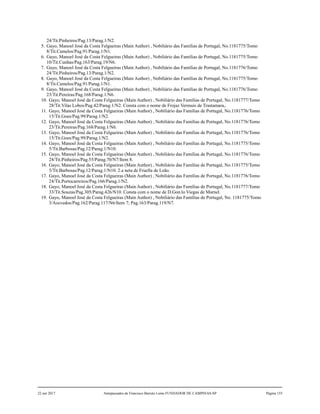 24/Tit.Pinheiros/Pag.13/Parag.1/N2.
5. Gayo, Manoel José da Costa Felgueiras (Main Author) , Nobiliário das Famílias de Portugal, No.1181775/Tomo
8/Tit.Camelos/Pag.91/Parag.1/N1.
6. Gayo, Manoel José da Costa Felgueiras (Main Author) , Nobiliário das Famílias de Portugal, No.1181775/Tomo
10/Tit.Cunhas/Pag.163/Parag.19/N6.
7. Gayo, Manoel José da Costa Felgueiras (Main Author) , Nobiliário das Famílias de Portugal, No.1181776/Tomo
24/Tit.Pinheiros/Pag.13/Parag.1/N2.
8. Gayo, Manoel José da Costa Felgueiras (Main Author) , Nobiliário das Famílias de Portugal, No.1181775/Tomo
8/Tit.Camelos/Pag.91/Parag.1/N1.
9. Gayo, Manoel José da Costa Felgueiras (Main Author) , Nobiliário das Famílias de Portugal, No.1181776/Tomo
23/Tit.Pereiras/Pag.168/Parag.1/N6.
10. Gayo, Manoel José da Costa Felgueiras (Main Author) , Nobiliário das Famílias de Portugal, No.1181777/Tomo
28/Tit.Vilas Lobos/Pag.42/Parag.1/N2. Consta com o nome de Frojaz Vermuis de Trastamara,.
11. Gayo, Manoel José da Costa Felgueiras (Main Author) , Nobiliário das Famílias de Portugal, No.1181776/Tomo
15/Tit.Goes/Pag.99/Parag.1/N2.
12. Gayo, Manoel José da Costa Felgueiras (Main Author) , Nobiliário das Famílias de Portugal, No.1181776/Tomo
23/Tit.Pereiras/Pag.168/Parag.1/N6.
13. Gayo, Manoel José da Costa Felgueiras (Main Author) , Nobiliário das Famílias de Portugal, No.1181776/Tomo
15/Tit.Goes/Pag.99/Parag.1/N2.
14. Gayo, Manoel José da Costa Felgueiras (Main Author) , Nobiliário das Famílias de Portugal, No.1181775/Tomo
5/Tit.Barbosas/Pag.12/Parag.1/N10.
15. Gayo, Manoel José da Costa Felgueiras (Main Author) , Nobiliário das Famílias de Portugal, No.1181776/Tomo
24/Tit.Pinheiros/Pag.55/Parag.70/N7/Item 8.
16. Gayo, Manoel José da Costa Felgueiras (Main Author) , Nobiliário das Famílias de Portugal, No.1181775/Tomo
5/Tit.Barbosas/Pag.12/Parag.1/N10. 2.a neta de Fruella de Leão.
17. Gayo, Manoel José da Costa Felgueiras (Main Author) , Nobiliário das Famílias de Portugal, No.1181776/Tomo
24/Tit.Portocarreiros/Pag.166/Parag.1/N2.
18. Gayo, Manoel José da Costa Felgueiras (Main Author) , Nobiliário das Famílias de Portugal, No.1181777/Tomo
33/Tit.Souzas/Pag.305/Parag.426/N10. Consta com o nome de D.Gon.lo Viegas de Marnel.
19. Gayo, Manoel José da Costa Felgueiras (Main Author) , Nobiliário das Famílias de Portugal, No. 1181775/Tomo
3/Azevedos/Pag.162/Parag.117/N6/Item 7; Pag.163/Parag.119/N7.
22 out 2017 Antepassados de Francisco Barreto Leme FUNDADOR DE CAMPINAS-SP Página 155
 