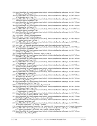239. Gayo, Manoel José da Costa Felgueiras (Main Author) , Nobiliário das Famílias de Portugal, No.1181775/Tomo
11/Tit.Castros/Pag.84/Parag.89/N8.
240. Gayo, Manoel José da Costa Felgueiras (Main Author) , Nobiliário das Famílias de Portugal, No.1181776/Tomo
18/Tit.Menezes/Pag.197/Parag.1/N1.
241. Gayo, Manoel José da Costa Felgueiras (Main Author) , Nobiliário das Famílias de Portugal, No. 1181775/Tomo
11/Castelos Brancos/Pag.9/Parag.1/N2.
242. Gayo, Manoel José da Costa Felgueiras (Main Author) , Nobiliário das Famílias de Portugal, No.1181775/Tomo
6/Tit.Barretos/Pag.49/Parag.1/N4.
243. Gayo, Manoel José da Costa Felgueiras (Main Author) , Nobiliário das Famílias de Portugal, No.1181775/Tomo
10/Tit.Cunhas/Pag.166/Parag.26/N3.
244. Gayo, Manoel José da Costa Felgueiras (Main Author) , Nobiliário das Famílias de Portugal, No. 1181775/Tomo
11/Castelos Brancos/Pag.9/Parag.1/N2.
245. Gayo, Manoel José da Costa Felgueiras (Main Author) , Nobiliário das Famílias de Portugal, No.1181775/Tomo
6/Tit.Barretos/Pag.49/Parag.1/N4.
246. SAPO-Genea Portugal-Familias Portuguesas.
247. SAPO-Genea Portugal-Familias Portuguesas.
248. Gayo, Manoel José da Costa Felgueiras (Main Author) , Nobiliário das Famílias de Portugal, No.1181775/Tomo
2/Tit.Alpuins/Pag.59/Parag.1/N4/Item 5.
249. Gayo, Manoel José da Costa Felgueiras (Main Author) , Nobiliário das Famílias de Portugal, No.1181775/Tomo
2/Tit.Alpuins/Pag.59/Parag.1/N4/Item 5.
250. Silva Leme, Luiz Gonzaga, Genealogia Paulistana, Vol.IV/Tit.Arrudas Botelhos/Pag.5/Item 8.o.
251. Gayo, Manoel José da Costa Felgueiras (Main Author) , Nobiliário das Famílias de Portugal, No.1181777/Tomo
28/Tit.Vasconcelos/Pag.64/Parag.1/N5.
252. Gayo, Manoel José da Costa Felgueiras (Main Author) , Nobiliário das Famílias de Portugal, No.1181777/Tomo
33/Tit.Souzas/Pag.14/Parag.1/N6.
253. Revista do Instituto Heraldico Genealógico, Pag.6 a 8/Item IV.
254. Gayo, Manoel José da Costa Felgueiras (Main Author) , Nobiliário das Famílias de Portugal, No.1181776/Tomo
21/Tit.Moraes/Pag.25/Parag.1/N5.
255. Gayo, Manoel José da Costa Felgueiras (Main Author) , Nobiliário das Famílias de Portugal, No.1181776/Tomo
25/Tit.Ribeiros/Pag.80/Parag.1/N11.
256. Gayo, Manoel José da Costa Felgueiras (Main Author) , Nobiliário das Famílias de Portugal, No.1181776/Tomo
21/Tit.Moraes/Pag.25/Parag.1/N5.
257. Gayo, Manoel José da Costa Felgueiras (Main Author) , Nobiliário das Famílias de Portugal, No.1181775/Tomo
11/Tit.Coelhos/Pag.201/Parag.62/N5.
258. Gayo, Manoel José da Costa Felgueiras (Main Author) , Nobiliário das Famílias de Portugal, No.1181776/Tomo
16/Tit.Gusmões/Pag.51/Parag.1/N1. Ou Gonçalves de Gusmão.
259. Gayo, Manoel José da Costa Felgueiras (Main Author) , Nobiliário das Famílias de Portugal, No.1181776/Tomo
16/Tit.Gusmões/Pag.51/Parag.1/N1.
260. Gayo, Manoel José da Costa Felgueiras (Main Author) , Nobiliário das Famílias de Portugal, No.1181776/Tomo
16/Tit.Laras/Pag.242/Parag.1/N7.
261. Gayo, Manoel José da Costa Felgueiras (Main Author) , Nobiliário das Famílias de Portugal, No.1181776/Tomo
16/Tit.Laras/Pag.242/Parag.1/N7.
262. Gayo, Manoel José da Costa Felgueiras (Main Author) , Nobiliário das Famílias de Portugal, No.1181775/Tomo
11/Tit.Coelhos/Pag.168 e 169/Parag.1/N5.
263. Revista do Instituto Heraldico Genealógico, Pag.6/7/Item IV.
264. Gayo, Manoel José da Costa Felgueiras (Main Author) , Nobiliário das Famílias de Portugal, No.1181776/Tomo
19/Tit.Machados/Pag.61/Parag.1/N2.
265. Gayo, Manoel José da Costa Felgueiras (Main Author) , Nobiliário das Famílias de Portugal, No.1181776/Tomo
23/Tit.Pereiras/Pag.167/Parag.1/N3.
266. Gayo, Manoel José da Costa Felgueiras (Main Author) , Nobiliário das Famílias de Portugal, No.1181776/Tomo
23/Tit.Pereiras/Pag.167/Parag.1/N3. Ou Aldonça Pereira.
267. Gayo, Manoel José da Costa Felgueiras (Main Author) , Nobiliário das Famílias de Portugal, No.1181777/Tomo
28/Tit.Velhos/Pag.33/Parag.1/N1. Fundou o Mosteriro de Bairão.
268. Gayo, Manoel José da Costa Felgueiras (Main Author) , Nobiliário das Famílias de Portugal, No.1181775/Tomo
6/Tit.Barretos/Pag.49/Parag.1/N6.
269. Gayo, Manoel José da Costa Felgueiras (Main Author) , Nobiliário das Famílias de Portugal, No.1181777/Tomo
28/Tit.Velhos/Pag.33/Parag.1/N2. Fidalgo Castelhano.
270. Revista do Instituto Heraldico Genealógico, Pag.11 a 13/item VIII. Consta com o nome de D.Fernando Dramençarez.
271. Gayo, Manoel José da Costa Felgueiras (Main Author) , Nobiliário das Famílias de Portugal, No.1181775/Tomo
6/Tit.Barretos/Pag.49/Parag.1/N7. Consta com o nome de Fernão de Mensaras.
272. Gayo, Manoel José da Costa Felgueiras (Main Author) , Nobiliário das Famílias de Portugal, No.1181776/Tomo
24/Tit.Pinheiros/Pag.56/Parag.70/N11.
22 out 2017 Antepassados de Francisco Barreto Leme FUNDADOR DE CAMPINAS-SP Página 163
 