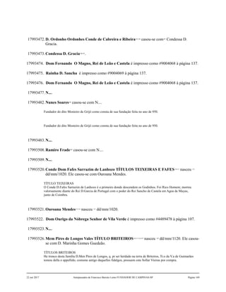 17993472.D. Ordonho Ordonhes Conde de Cabreira e Ribeira103,104
casou-se com105
Condessa D.
Gracia.
17993473.Condessa D. Gracia106,107
.
17993474. Dom Fernando O Magno, Rei de Leão e Castela é impresso como #9004068 à página 137.
17993475. Rainha D. Sancha é impresso como #9004069 à página 137.
17993476. Dom Fernando O Magno, Rei de Leão e Castela é impresso como #9004068 à página 137.
17993477.N....
17993482.Nunes Soares108
casou-se com N....
Fundador do dito Mosteiro de Grijó como consta de sua fundação feita no ano de 950.
Fundador do dito Mosteiro de Grijó como consta de sua fundação feita no ano de 950.
17993483.N....
17993508.Ramiro Frade109
casou-se com N....
17993509.N....
17993520.Conde Dom Fafes Sarrazim de Lanhozo TÍTULOS TEIXEIRAS E FAFES110,111
nasceu 112
dd/mm/1020. Ele casou-se com Ouroana Mendes.
TÍTULO TEIXEIRAS
O Conde D.Fafes Sarrazim de Lanhozo é o primeiro donde descendem os Godinhos. Foi Rico Homem; morreu
valorsamente diante do Rei D.Garcia de Portugal com o poder do Rei Sancho de Castela em Agoa de Mayas,
junto de Coimbra.
17993521.Ouroana Mendes113,114
nasceu 115
dd/mm/1020.
17993522. Dom Ourigo da Nóbrega Senhor de Vila Verde é impresso como #4489478 à página 107.
17993523.N....
17993526.Mem Pires de Longos Vales TÍTULO BRITEIROS116,117,118,119
nasceu 120
dd/mm/1120. Ele casou-
se com D. Marinha Gomes Guedeão.
TÍTULOS BRITEIROS
He tronco desta família D.Men Pires de Longos, q. pr ser herdado na terra de Briteiros, Tr.o da V.a de Guimarães
tomou della o appellido, costume antigo daquelles fidalgos, possuem este Sollar Vieiras por compra.
22 out 2017 Antepassados de Francisco Barreto Leme FUNDADOR DE CAMPINAS-SP Página 169
 