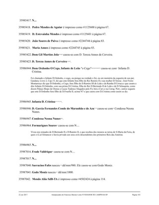 35985417.N....
35985418. Pedro Mendes de Aguiar é impresso como #1125600 à página 67.
35985419. D. Estevainha Mendes é impresso como #1125601 à página 67.
35985420. João Soares de Paiva é impresso como #2244744 à página 83.
35985421. Maria Annes é impresso como #2244745 à página 83.
35985422.Dom Gil Martins Jola58,59,60
casou-se com D. Tereza Annes de Cerveira.
35985423.D. Tereza Annes de Cerveira61,62,63
.
35986944.Dom Ordonho O Cego, Infante de Leão "o Cego"64,65,66,67,68,69,70
casou-se com71
Infanta D.
Cristina.
Foi chamado o Infante D.Ordonho, o cego, ou porque na verdade o foi, ou em memória da cegueira de seu pai;
Gandara, Livro 2, Cap.15, diz que este Infante fora filho do Rei Ramiro II e sua mulher D.Teresa ; José Freire
Montarroyo diz que D.Ordonho, o Cego, fora filho de D.Ramiro III de Leão e da Rainha D.Urraca e que casara o
dito Infante D.Ordonho, com sua prima D.Cristina, filha do Rei D.Bermudo II de Leão e de D.Velasquita, como
dizem Palayo Bispo de Orense e Lucas Tudence Alegados pelo P.e Ant.o Carv.o na Corog. Port.; outros seguem
que este D.Ordonho fora filho de D.Fruella II, acima N7 e que casou com D.Cristina como assim se diz.
35986945.Infanta D. Cristina72,73,74,75,76
.
35986946.D. Garcia Fernandes Conde do Maranhão e de Aza77,78
casou-se com79
Condessa Neona
Nunes.
35986947.Condessa Neona Nunes80,81
.
35986964.Formarigues Soares82
casou-se com N....
Viveu nos reinados de D.Bermudo II e D.Ramiro II, e que recebeu dos mouros as terras de S.Maria da Feira, de
queo o G.al Almancor o havia privado aos seus avós descendentes dos primeiros Reis das Astúrias.
35986965.N....
35987016.Frade Valdrique83
casou-se com N....
35987017.N....
35987040.Sarracino Fafes nasceu 84
dd/mm/980. Ele casou-se com Godo Moniz.
35987041.Godo Moniz nasceu 85
dd/mm/1000.
35987042. Mendo Alão SdB-TA é impresso como #4502424 à página 114.
22 out 2017 Antepassados de Francisco Barreto Leme FUNDADOR DE CAMPINAS-SP Página 183
 
