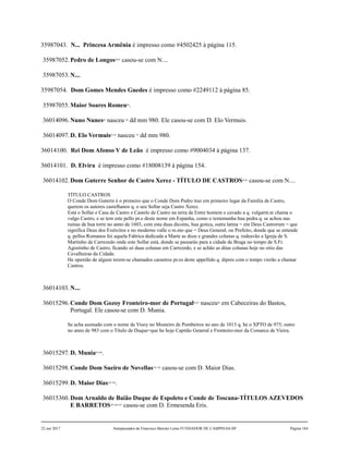 35987043. N... Princesa Armênia é impresso como #4502425 à página 115.
35987052.Pedro de Longos86,87
casou-se com N....
35987053.N....
35987054. Dom Gomes Mendes Guedes é impresso como #2249112 à página 85.
35987055.Maior Soares Romeu88
.
36014096.Nuno Nunes89
nasceu 90
dd mm 980. Ele casou-se com D. Elo Vermuis.
36014097.D. Elo Vermuis91,92
nasceu 93
dd mm 980.
36014100. Rei Dom Afonso V de Leão é impresso como #9004034 à página 137.
36014101. D. Elvira é impresso como #18008139 à página 154.
36014102.Dom Guterre Senhor de Castro Xerez - TÍTULO DE CASTROS94,95
casou-se com N....
TÍTULO CASTROS
O Conde Dom Guterre é o primeiro que o Conde Dom Pedro traz em primeiro lugar da Família de Castro,
querem os autores castelhanos q. o seu Sollar seja Castro Xerez.
Está o Sollar e Casa de Castro e Castelo de Castro na terra de Entre homem e cavado a q. vulgarm.te chama o
vulgo Castro, e se tem este pello pr.o deste nome em Espanha, como o testemunha hua pedra q. se achou nas
ruinas de hua torre no anno de 1603, com esta duas dicoins, hua gotica, outra latina = em Deus Castrorum = que
significa Deus dos Exércitos e no moderno valle o m.mo que = Deus General, ou Prefeito, donde que se entende
q. pellos Romanos foi aquela Fabrica dedicada a Marte as doze e grandes colunas q. rodeavão a Igreja de S.
Martinho de Carrezedo onde este Sollar está, donde se passarào para a cidade de Braga no tempo de S.Fr.
Agostinho de Castro, ficando só duas colunas em Carrezedo, e se achão as ditas colunas hoje no sitio das
Cavalheiras da Cidade.
He openião de algusn terem-se chamados carastros pr.os deste appellido q. dipois com o tempo vierão a chamar
Castros.
36014103.N....
36015296.Conde Dom Gozoy Fronteiro-mor de Portugal96,97
nasceu98
em Cabeceiras do Bastos,
Portugal. Ele casou-se com D. Munia.
Se acha assinado com o nome de Visoy no Mosteiro de Pombeiros no ano de 1013 q. he o XPTO de 975; outro
no anno de 983 com o Título de Duque=que he hoje Capitão General e Fronteiro-mor da Comarca de Vieira.
36015297.D. Munia99,100
.
36015298.Conde Dom Sueiro de Novellas101,102
casou-se com D. Maior Dias.
36015299.D. Maior Dias103,104
.
36015360.Dom Arnaldo de Baião Duque de Espoleto e Conde de Toscana-TÍTULOS AZEVEDOS
E BARRETOS105,106,107
casou-se com D. Ermesenda Eris.
22 out 2017 Antepassados de Francisco Barreto Leme FUNDADOR DE CAMPINAS-SP Página 184
 