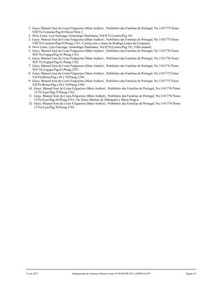 1. Gayo, Manoel José da Costa Felgueiras (Main Author) , Nobiliário das Famílias de Portugal, No.1181775/Tomo
VIII/Tit.Cameras/Pag.83/Início/Nota 1.
2. Silva Leme, Luiz Gonzaga, Genealogia Paulistana, Vol.II/Tit.Lemes/Pag.181.
3. Gayo, Manoel José da Costa Felgueiras (Main Author) , Nobiliário das Famílias de Portugal, No.1181775/Tomo
VIII/Tit.Cameras/Pag.83/Parag.1/N1. Consta com o nome de Rodrigo Lopes de Cerqueira.
4. Silva Leme, Luiz Gonzaga, Genealogia Paulistana, Vol.II/Tit.Lemes/Pag.181. Filho natural.
5. Gayo, Manoel José da Costa Felgueiras (Main Author) , Nobiliário das Famílias de Portugal, No.1181776/Tomo
XIV/Tit.Fogaça/Pag.61/Parag.1/N2.
6. Gayo, Manoel José da Costa Felgueiras (Main Author) , Nobiliário das Famílias de Portugal, No.1181776/Tomo
XIV/Tit.Fogaça/Pag.61/Parag.1/N2.
7. Gayo, Manoel José da Costa Felgueiras (Main Author) , Nobiliário das Famílias de Portugal, No.1181776/Tomo
XIV/Tit.Fogaça/Pag.61/Parag.2/N3.
8. Gayo, Manoel José da Costa Felgueiras (Main Author) , Nobiliário das Famílias de Portugal, No.1181775/Tomo
VII/Tit.Britos/Pag.s 69 e 70/Parag.2/N6.
9. Gayo, Manoel José da Costa Felgueiras (Main Author) , Nobiliário das Famílias de Portugal, No.1181775/Tomo
VII/Tit.Britos/Pag.s 69 e 70/Parag.2/N6.
10. Gayo, Manoel José da Costa Felgueiras (Main Author) , Nobiliário das Famílias de Portugal, No.1181776/Tomo
13/Tit.Eças/Pag.35/Parag.1/N2.
11. Gayo, Manoel José da Costa Felgueiras (Main Author) , Nobiliário das Famílias de Portugal, No.1181776/Tomo
13/Tit.Eças/Pag.36/Parag.5/N3. Ou Vasco Martins de Albergaria e Maria Nogr.a.
12. Gayo, Manoel José da Costa Felgueiras (Main Author) , Nobiliário das Famílias de Portugal, No.1181776/Tomo
13/Tit.Eças/Pag.36/Parag.5/N3.
22 out 2017 Antepassados de Francisco Barreto Leme FUNDADOR DE CAMPINAS-SP Página 19
 