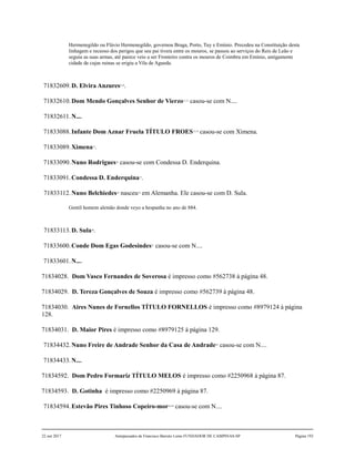 Hermenegildo ou Flávio Hermenegildo, governou Braga, Porto, Tuy e Emínio. Precedeu na Constituição desta
linhagem e receoso dos perigos que seu pai tivera entre os mouros, se passou ao serviços do Reis de Leão e
seguiu as suas armas, até parece veio a ser Fronteiro contra os mouros de Coimbra em Eminio, antigamente
cidade de cujas ruinas se erigiu a Vila de Agueda.
71832609.D. Elvira Anzures9,10
.
71832610.Dom Mendo Gonçalves Senhor de Vierzo11,12
casou-se com N....
71832611.N....
71833088.Infante Dom Aznar Fruela TÍTULO FROES13,14
casou-se com Ximena.
71833089.Ximena15
.
71833090.Nuno Rodrigues16
casou-se com Condessa D. Enderquina.
71833091.Condessa D. Enderquina17
.
71833112.Nuno Belchiedes18
nasceu19
em Alemanha. Ele casou-se com D. Sula.
Gentil homem alemão donde veyo a hespanha no ano de 884.
71833113.D. Sula20
.
71833600.Conde Dom Egas Godesindes21
casou-se com N....
71833601.N....
71834028. Dom Vasco Fernandes de Soverosa é impresso como #562738 à página 48.
71834029. D. Tereza Gonçalves de Souza é impresso como #562739 à página 48.
71834030. Aires Nunes de Fornellos TÍTULO FORNELLOS é impresso como #8979124 à página
128.
71834031. D. Maior Pires é impresso como #8979125 à página 129.
71834432.Nuno Freire de Andrade Senhor da Casa de Andrade22
casou-se com N....
71834433.N....
71834592. Dom Pedro Formariz TÍTULO MELOS é impresso como #2250968 à página 87.
71834593. D. Gotinha é impresso como #2250969 à página 87.
71834594.Estevão Pires Tinhoso Copeiro-mor23,24
casou-se com N....
22 out 2017 Antepassados de Francisco Barreto Leme FUNDADOR DE CAMPINAS-SP Página 193
 