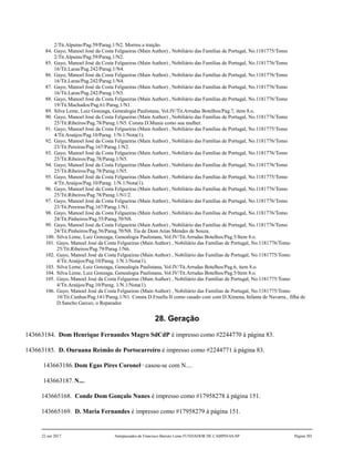 2/Tit.Alpuins/Pag.59/Parag.1/N2. Morreu a traição.
84. Gayo, Manoel José da Costa Felgueiras (Main Author) , Nobiliário das Famílias de Portugal, No.1181775/Tomo
2/Tit.Alpuins/Pag.59/Parag.1/N2.
85. Gayo, Manoel José da Costa Felgueiras (Main Author) , Nobiliário das Famílias de Portugal, No.1181776/Tomo
16/Tit.Laras/Pag.242/Parag.1/N4.
86. Gayo, Manoel José da Costa Felgueiras (Main Author) , Nobiliário das Famílias de Portugal, No.1181776/Tomo
16/Tit.Laras/Pag.242/Parag.1/N4.
87. Gayo, Manoel José da Costa Felgueiras (Main Author) , Nobiliário das Famílias de Portugal, No.1181776/Tomo
16/Tit.Laras/Pag.242/Parag.1/N5.
88. Gayo, Manoel José da Costa Felgueiras (Main Author) , Nobiliário das Famílias de Portugal, No.1181776/Tomo
19/Tit.Machados/Pag.61/Parag.1/N1.
89. Silva Leme, Luiz Gonzaga, Genealogia Paulistana, Vol.IV/Tit.Arrudas Botelhos/Pag.7, item 8.o.
90. Gayo, Manoel José da Costa Felgueiras (Main Author) , Nobiliário das Famílias de Portugal, No.1181776/Tomo
25/Tit.Ribeiros/Pag.78/Parag.1/N5. Consta D.Munia como sua mulher.
91. Gayo, Manoel José da Costa Felgueiras (Main Author) , Nobiliário das Famílias de Portugal, No.1181775/Tomo
4/Tit.Araújos/Pag.10/Parag. 1/N.1/Nota(1).
92. Gayo, Manoel José da Costa Felgueiras (Main Author) , Nobiliário das Famílias de Portugal, No.1181776/Tomo
23/Tit.Pereiras/Pag.167/Parag.1/N2.
93. Gayo, Manoel José da Costa Felgueiras (Main Author) , Nobiliário das Famílias de Portugal, No.1181776/Tomo
25/Tit.Ribeiros/Pag.78/Parag.1/N5.
94. Gayo, Manoel José da Costa Felgueiras (Main Author) , Nobiliário das Famílias de Portugal, No.1181776/Tomo
25/Tit.Ribeiros/Pag.78/Parag.1/N5.
95. Gayo, Manoel José da Costa Felgueiras (Main Author) , Nobiliário das Famílias de Portugal, No.1181775/Tomo
4/Tit.Araújos/Pag.10/Parag. 1/N.1/Nota(1).
96. Gayo, Manoel José da Costa Felgueiras (Main Author) , Nobiliário das Famílias de Portugal, No.1181776/Tomo
25/Tit.Ribeiros/Pag.78/Parag.1/N1/2.
97. Gayo, Manoel José da Costa Felgueiras (Main Author) , Nobiliário das Famílias de Portugal, No.1181776/Tomo
23/Tit.Pereiras/Pag.167/Parag.1/N1.
98. Gayo, Manoel José da Costa Felgueiras (Main Author) , Nobiliário das Famílias de Portugal, No.1181776/Tomo
24/Tit.Pinheiros/Pag.55/Parag.70/N8.
99. Gayo, Manoel José da Costa Felgueiras (Main Author) , Nobiliário das Famílias de Portugal, No.1181776/Tomo
24/Tit.Pinheiros/Pag.56/Parag.70/N8. Tia de Dom Arias Mendes de Souza.
100. Silva Leme, Luiz Gonzaga, Genealogia Paulistana, Vol.IV/Tit.Arrudas Botelhos/Pag.5/Item 8.o.
101. Gayo, Manoel José da Costa Felgueiras (Main Author) , Nobiliário das Famílias de Portugal, No.1181776/Tomo
25/Tit.Ribeiros/Pag.79/Parag.1/N6.
102. Gayo, Manoel José da Costa Felgueiras (Main Author) , Nobiliário das Famílias de Portugal, No.1181775/Tomo
4/Tit.Araújos/Pag.10/Parag. 1/N.1/Nota(1).
103. Silva Leme, Luiz Gonzaga, Genealogia Paulistana, Vol.IV/Tit.Arrudas Botelhos/Pag.6, item 8.o.
104. Silva Leme, Luiz Gonzaga, Genealogia Paulistana, Vol.IV/Tit.Arrudas Botelhos/Pag.5/Item 8.o.
105. Gayo, Manoel José da Costa Felgueiras (Main Author) , Nobiliário das Famílias de Portugal, No.1181775/Tomo
4/Tit.Araújos/Pag.10/Parag. 1/N.1/Nota(1).
106. Gayo, Manoel José da Costa Felgueiras (Main Author) , Nobiliário das Famílias de Portugal, No.1181775/Tomo
10/Tit.Cunhas/Pag.141/Parag.1/N1. Consta D.Fruella II como casado com com D.Ximena, Infanta de Navarra., filha de
D.Sancho Garcez, o Reparador.
28. Geração
143663184. Dom Henrique Fernandes Magro SdCdP é impresso como #2244770 à página 83.
143663185. D. Ouruana Reimão de Portocarreiro é impresso como #2244771 à página 83.
143663186.Dom Egas Pires Coronel1,2
casou-se com N....
143663187.N....
143665168. Conde Dom Gonçalo Nunes é impresso como #17958278 à página 151.
143665169. D. Maria Fernandes é impresso como #17958279 à página 151.
22 out 2017 Antepassados de Francisco Barreto Leme FUNDADOR DE CAMPINAS-SP Página 201
 
