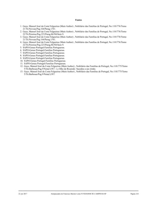 Fontes
1. Gayo, Manoel José da Costa Felgueiras (Main Author) , Nobiliário das Famílias de Portugal, No.1181776/Tomo
21/Tit.Novoas/Pag.164/Parag.1/N1.
2. Gayo, Manoel José da Costa Felgueiras (Main Author) , Nobiliário das Famílias de Portugal, No.1181776/Tomo
22/Tit.Pereiras/Pag.223/Parag.86/N8/Item 9.
3. Gayo, Manoel José da Costa Felgueiras (Main Author) , Nobiliário das Famílias de Portugal, No.1181776/Tomo
21/Tit.Novoas/Pag.164/Parag.1/N1.
4. Gayo, Manoel José da Costa Felgueiras (Main Author) , Nobiliário das Famílias de Portugal, No.1181776/Tomo
22/Tit.Pereiras/Pag.223/Parag.86/N8/Item 9.
5. SAPO-Genea Portugal-Familias Portuguesas.
6. SAPO-Genea Portugal-Familias Portuguesas.
7. SAPO-Genea Portugal-Familias Portuguesas.
8. SAPO-Genea Portugal-Familias Portuguesas.
9. SAPO-Genea Portugal-Familias Portuguesas.
10. SAPO-Genea Portugal-Familias Portuguesas.
11. SAPO-Genea Portugal-Familias Portuguesas.
12. Gayo, Manoel José da Costa Felgueiras (Main Author) , Nobiliário das Famílias de Portugal, No.1181775/Tomo
5/Tit.Barbosas/Pag.9/Nota(1)/N7. 1.o filho de Ricaredo. Sucedeu a seu irmão.
13. Gayo, Manoel José da Costa Felgueiras (Main Author) , Nobiliário das Famílias de Portugal, No.1181775/Tomo
5/Tit.Barbosas/Pag.9/Nota(1)/N7.
22 out 2017 Antepassados de Francisco Barreto Leme FUNDADOR DE CAMPINAS-SP Página 218
 