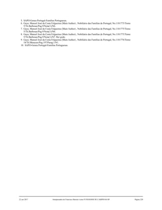 5. SAPO-Genea Portugal-Familias Portuguesas.
6. Gayo, Manoel José da Costa Felgueiras (Main Author) , Nobiliário das Famílias de Portugal, No.1181775/Tomo
5/Tit.Barbosas/Pag.9/Nota(1)/N6.
7. Gayo, Manoel José da Costa Felgueiras (Main Author) , Nobiliário das Famílias de Portugal, No.1181775/Tomo
5/Tit.Barbosas/Pag.9/Nota(1)/N6.
8. Gayo, Manoel José da Costa Felgueiras (Main Author) , Nobiliário das Famílias de Portugal, No.1181775/Tomo
5/Tit.Barbosas/Pag.9/Nota(1)/N7. Rei godo.
9. Gayo, Manoel José da Costa Felgueiras (Main Author) , Nobiliário das Famílias de Portugal, No.1181776/Tomo
18/Tit.Menezes/Pag.197/Parag.1/N1.
10. SAPO-Genea Portugal-Familias Portuguesas.
22 out 2017 Antepassados de Francisco Barreto Leme FUNDADOR DE CAMPINAS-SP Página 220
 