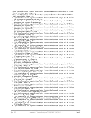 8. Gayo, Manoel José da Costa Felgueiras (Main Author) , Nobiliário das Famílias de Portugal, No.1181777/Tomo
XXVII/Tit.Távoras/Pag.144/Parag.1/N12.
9. Gayo, Manoel José da Costa Felgueiras (Main Author) , Nobiliário das Famílias de Portugal, No.1181775/Tomo
III/Tit.Azambujas/Pag.91/Parag.1/N5.
10. Gayo, Manoel José da Costa Felgueiras (Main Author) , Nobiliário das Famílias de Portugal, No.1181777/Tomo
XXVII/Tit.Soares de Albergaria/Pag.104/Parag.2/N8.
11. Gayo, Manoel José da Costa Felgueiras (Main Author) , Nobiliário das Famílias de Portugal, No.1181775/Tomo
VII/Tit.Britos/Pag.s 68/Parag.2/N4. Filho bastardo.
12. Gayo, Manoel José da Costa Felgueiras (Main Author) , Nobiliário das Famílias de Portugal, No.1181775/Tomo
VII/Tit.Britos/Pag.s 68/Parag.2/N4.
13. Gayo, Manoel José da Costa Felgueiras (Main Author) , Nobiliário das Famílias de Portugal, No.1181775/Tomo
VII/Tit.Britos/Pag.s 68/Parag.2/N5.
14. Gayo, Manoel José da Costa Felgueiras (Main Author) , Nobiliário das Famílias de Portugal, No.1181775/Tomo
3/Tit.Azambujas/Pag.93/Parag.6/N5/Item 6.
15. Gayo, Manoel José da Costa Felgueiras (Main Author) , Nobiliário das Famílias de Portugal, No.1181776/Tomo
21/Tit.Nogueiras/Pag.132/Parag.3/N4.
16. Gayo, Manoel José da Costa Felgueiras (Main Author) , Nobiliário das Famílias de Portugal, No.1181775/Tomo
3/Tit.Azambujas/Pag.93/Parag.6/N5/Item 6.
17. Gayo, Manoel José da Costa Felgueiras (Main Author) , Nobiliário das Famílias de Portugal, No.1181776/Tomo
21/Tit.Nogueiras/Pag.132/Parag.3/N4.
18. Gayo, Manoel José da Costa Felgueiras (Main Author) , Nobiliário das Famílias de Portugal, No.1181775/Tomo
II/Tit.Almadas/Pag.35/Parag.1/N3.
19. Gayo, Manoel José da Costa Felgueiras (Main Author) , Nobiliário das Famílias de Portugal, No.1181775/Tomo
II/Tit.Almadas/Pag.35/Parag.1/N3. Ou D.Maria Viegas.
20. Gayo, Manoel José da Costa Felgueiras (Main Author) , Nobiliário das Famílias de Portugal, No.1181776/Tomo
13/Tit.Eças/Pag.35/Parag.1/N1.
21. Gayo, Manoel José da Costa Felgueiras (Main Author) , Nobiliário das Famílias de Portugal, No.1181776/Tomo
18/Tit.Menezes/Pag.205/Parag.16/N7/Item 8.
22. Gayo, Manoel José da Costa Felgueiras (Main Author) , Nobiliário das Famílias de Portugal, No.1181775/Tomo
11/Tit.Castros/Pag.55/Parag.119/N10.
23. Gayo, Manoel José da Costa Felgueiras (Main Author) , Nobiliário das Famílias de Portugal, No.1181775/Tomo
10/Tit.Cunhas/Pag.150 e 151/Parag.4/N10.
24. SAPO-Genea Portugal-Familias Portuguesas.
25. SAPO-Genea Portugal-Familias Portuguesas.
26. Gayo, Manoel José da Costa Felgueiras (Main Author) , Nobiliário das Famílias de Portugal, No.1181776/Tomo
13/Tit.Eças/Pag.35/Parag.1/N1.
27. Gayo, Manoel José da Costa Felgueiras (Main Author) , Nobiliário das Famílias de Portugal, No.1181776/Tomo
18/Tit.Menezes/Pag.205/Parag.16/N7/Item 8.
28. Gayo, Manoel José da Costa Felgueiras (Main Author) , Nobiliário das Famílias de Portugal, No.1181775/Tomo
11/Tit.Castros/Pag.93/Parag.119/N10. Filha bastarda.
29. Gayo, Manoel José da Costa Felgueiras (Main Author) , Nobiliário das Famílias de Portugal, No.1181775/Tomo
10/Tit.Cunhas/Pag.150 e 151/Parag.4/N10.
30. SAPO-Genea Portugal-Familias Portuguesas.
31. Gayo, Manoel José da Costa Felgueiras (Main Author) , Nobiliário das Famílias de Portugal, No.1181777/Tomo
33/Tit.Souzas/Pag.23/Parag.4/16.
32. Gayo, Manoel José da Costa Felgueiras (Main Author) , Nobiliário das Famílias de Portugal, No.1181776/Tomo
13/Tit.Eças/Pag.35/Parag.1/N1.
33. Gayo, Manoel José da Costa Felgueiras (Main Author) , Nobiliário das Famílias de Portugal, No.1181777/Tomo
33/Tit.Souzas/Pag.17/Parag.1/15.
34. Gayo, Manoel José da Costa Felgueiras (Main Author) , Nobiliário das Famílias de Portugal, No.1181776/Tomo
18/Tit.Menezes/Pag.205/Parag.16/N7.
35. Gayo, Manoel José da Costa Felgueiras (Main Author) , Nobiliário das Famílias de Portugal, N.o
1181777/Tit.Vasconcelos/Tomo 28/Pag.68/Parag.2/N12/Item 13.
36. Gayo, Manoel José da Costa Felgueiras (Main Author) , Nobiliário das Famílias de Portugal, No.1181776/Tomo
22/Tit.Pimenteis/Pag.140/Parag.6/N5.
37. Gayo, Manoel José da Costa Felgueiras (Main Author) , Nobiliário das Famílias de Portugal, No.1181775/Tomo
2/Tit.Albuquerques/Pag.15/Parag.1/N3/Item 4. Consta com o nome de D.Martim Tello.
38. Gayo, Manoel José da Costa Felgueiras (Main Author) , Nobiliário das Famílias de Portugal, No.1181777/Tomo
33/Tit.Souzas/Pag.23/Parag.4/16.
39. Gayo, Manoel José da Costa Felgueiras (Main Author) , Nobiliário das Famílias de Portugal, No.1181776/Tomo
13/Tit.Eças/Pag.35/Parag.1/N1.
40. Gayo, Manoel José da Costa Felgueiras (Main Author) , Nobiliário das Famílias de Portugal, No.1181777/Tomo
22 out 2017 Antepassados de Francisco Barreto Leme FUNDADOR DE CAMPINAS-SP Página 24
 