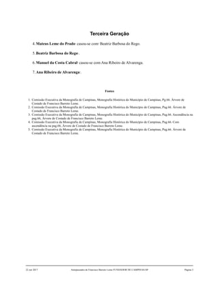 Terceira Geração
4.Mateus Leme do Prado1
casou-se com2
Beatriz Barbosa do Rego.
5.Beatriz Barbosa do Rego3
.
6.Manuel da Costa Cabral4
casou-se com Ana Ribeiro de Alvarenga.
7.Ana Ribeiro de Alvarenga5
.
Fontes
1. Comissão Executiva da Monografia de Campinas, Monografia Histórica do Município de Campinas, Pg.66. Árvore de
Costado de Francisco Barreto Leme.
2. Comissão Executiva da Monografia de Campinas, Monografia Histórica do Município de Campinas, Pag.66. Árvore de
Costado de Francisco Barreto Leme.
3. Comissão Executiva da Monografia de Campinas, Monografia Histórica do Município de Campinas, Pag.66. Ascendência na
pag.66, Árvore de Costado de Francisco Barreto Leme.
4. Comissão Executiva da Monografia de Campinas, Monografia Histórica do Município de Campinas, Pag.66. Com
ascendência na pag.66, Árvore de Costado de Francisco Barreto Leme.
5. Comissão Executiva da Monografia de Campinas, Monografia Histórica do Município de Campinas, Pag.66. Árvore de
Costado de Francisco Barreto Leme.
22 out 2017 Antepassados de Francisco Barreto Leme FUNDADOR DE CAMPINAS-SP Página 3
 