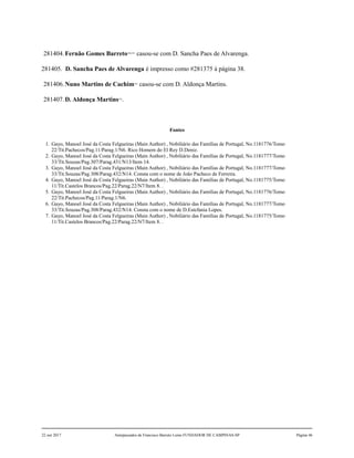 281404.Fernão Gomes Barreto190,191
casou-se com D. Sancha Paes de Alvarenga.
281405. D. Sancha Paes de Alvarenga é impresso como #281375 à página 38.
281406.Nuno Martins de Cachim192
casou-se com D. Aldonça Martins.
281407.D. Aldonça Martins193
.
Fontes
1. Gayo, Manoel José da Costa Felgueiras (Main Author) , Nobiliário das Famílias de Portugal, No.1181776/Tomo
22/Tit.Pachecos/Pag.11/Parag.1/N6. Rico Homem do El Rey D.Deniz.
2. Gayo, Manoel José da Costa Felgueiras (Main Author) , Nobiliário das Famílias de Portugal, No.1181777/Tomo
33/Tit.Souzas/Pag.307/Parag.431/N13/Item 14.
3. Gayo, Manoel José da Costa Felgueiras (Main Author) , Nobiliário das Famílias de Portugal, No.1181777/Tomo
33/Tit.Souzas/Pag.308/Parag.432/N14. Consta com o nome de João Pacheco de Ferreira.
4. Gayo, Manoel José da Costa Felgueiras (Main Author) , Nobiliário das Famílias de Portugal, No.1181775/Tomo
11/Tit.Castelos Brancos/Pag.22/Parag.22/N7/Item 8. .
5. Gayo, Manoel José da Costa Felgueiras (Main Author) , Nobiliário das Famílias de Portugal, No.1181776/Tomo
22/Tit.Pachecos/Pag.11/Parag.1/N6.
6. Gayo, Manoel José da Costa Felgueiras (Main Author) , Nobiliário das Famílias de Portugal, No.1181777/Tomo
33/Tit.Souzas/Pag.308/Parag.432/N14. Consta com o nome de D.Estefania Lopes.
7. Gayo, Manoel José da Costa Felgueiras (Main Author) , Nobiliário das Famílias de Portugal, No.1181775/Tomo
11/Tit.Castelos Brancos/Pag.22/Parag.22/N7/Item 8. .
22 out 2017 Antepassados de Francisco Barreto Leme FUNDADOR DE CAMPINAS-SP Página 46
 