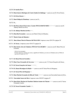 562595.D. Sancha Pires148
.
562720.Dom Guterre Rodrigues de Castro Senhor de Saldanga149,150
casou-se com D. Elvira Ozores.
562721.D. Elvira Ozores151,152
.
562722.Dom Enhigo de Mendonça153
casou-se com N....
562723.N....
562724.Rei Dom Afonso IX de Leão e Castela TÍTULO BENEVIDES154,155,156,157,158,159,160
casou-se com D.
Aldonça Martins da Silva.
562725.D. Aldonça Martins da Silva161,162,163
.
562726.Dom Rui Fernandes164
casou-se com Maria Frolaz de Sifuentes.
562727.Maria Frolaz de Sifuentes165
.
562732. Dom Afonso Teles de Menezes SdVMAeVdM é impresso como #281376 à página 38.
562733. D. Tereza é impresso como #281377 à página 38.
562736.Dom Soeiro Aires de Valadares TÍTULO VALADARES166,167
casou-se com D. Maria Pires de
Fornellos.
TÍTULO VALADARES
D.Soeiro Ayres foi o primeiro que tomou o appellido de Valladares, por morar em Valladares junto ao Minho de
cuja terra foi Senhor em 1159.
562737.D. Maria Pires de Fornellos168
.
562738.Dom Vasco Fernandes de Soverosa169,170,171,172,173,174
casou-se com175
D. Tereza Gonçalves de Souza.
562739.D. Tereza Gonçalves de Souza176,177,178,179,180,181
.
562740.D. Afonso Hermigues de Baião182,183,184
casou-se com D. Tereza Pires de Bragança.
562741.D. Tereza Pires de Bragança185,186
.
562742.Dom Martim Fernandes de Riba de Vizela187,188,189,190,191,192
casou-se com Estevainha Soares da Silva.
562743. Estevainha Soares da Silva é impresso como #562297 à página 47.
562744.Dom Pedro Martins de Chachim Calheiros Senhor de Chacim193,194,195,196
casou-se com D. Tereza
Fernandes Camelo.
562745.D. Tereza Fernandes Camelo197,198,199
.
22 out 2017 Antepassados de Francisco Barreto Leme FUNDADOR DE CAMPINAS-SP Página 56
 