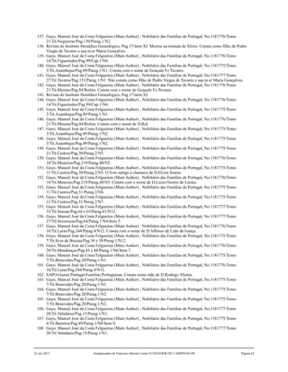 137. Gayo, Manoel José da Costa Felgueiras (Main Author) , Nobiliário das Famílias de Portugal, No.1181776/Tomo
21/Tit.Nogueiras/Pag.130/Parag.1/N2.
138. Revista do Instituto Heraldico Genealógico, Pag.17/item XI. Morreu na tomada de Silves. Consta como filho de Pedro
Viegas de Tavares e sua m.er Maria Gonçalves.
139. Gayo, Manoel José da Costa Felgueiras (Main Author) , Nobiliário das Famílias de Portugal, No.1181776/Tomo
14/Tit.Figueiredos/Pag.99/Cap.1/N6.
140. Gayo, Manoel José da Costa Felgueiras (Main Author) , Nobiliário das Famílias de Portugal, No.1181775/Tomo
3/Tit.Azambujas/Pag.89/Parag.1/N1. Consta com o nome de Gonçalo Fz Tavares.
141. Gayo, Manoel José da Costa Felgueiras (Main Author) , Nobiliário das Famílias de Portugal, No.1181777/Tomo
27/Tit.Tavares/Pag.153/Parag.1/N1. Não consta como filho de Pedro Viegas de Tavares e sua m.er Maria Gonçalves.
142. Gayo, Manoel José da Costa Felgueiras (Main Author) , Nobiliário das Famílias de Portugal, No.1181776/Tomo
21/Tit.Mouras/Pag.84/Rolins. Consta com o nome de Gonçalo Fz Tavares.
143. Revista do Instituto Heraldico Genealógico, Pag.17/item XI.
144. Gayo, Manoel José da Costa Felgueiras (Main Author) , Nobiliário das Famílias de Portugal, No.1181776/Tomo
14/Tit.Figueiredos/Pag.99/Cap.1/N6.
145. Gayo, Manoel José da Costa Felgueiras (Main Author) , Nobiliário das Famílias de Portugal, No.1181775/Tomo
3/Tit.Azambujas/Pag.89/Parag.1/N1.
146. Gayo, Manoel José da Costa Felgueiras (Main Author) , Nobiliário das Famílias de Portugal, No.1181776/Tomo
21/Tit.Mouras/Pag.84/Rolins. Consta com o nome de D.Rol.
147. Gayo, Manoel José da Costa Felgueiras (Main Author) , Nobiliário das Famílias de Portugal, No.1181775/Tomo
3/Tit.Azambujas/Pag.89/Parag.1/N2.
148. Gayo, Manoel José da Costa Felgueiras (Main Author) , Nobiliário das Famílias de Portugal, No.1181775/Tomo
3/Tit.Azambujas/Pag.89/Parag.1/N2.
149. Gayo, Manoel José da Costa Felgueiras (Main Author) , Nobiliário das Famílias de Portugal, No.1181775/Tomo
11/Tit.Castros/Pag.30/Parag.2/N5.
150. Gayo, Manoel José da Costa Felgueiras (Main Author) , Nobiliário das Famílias de Portugal, No.1181776/Tomo
18/Tit.Menezes/Pag.219/Parag.40/N5.
151. Gayo, Manoel José da Costa Felgueiras (Main Author) , Nobiliário das Famílias de Portugal, No.1181775/Tomo
11/Tit.Castros/Pag.30/Parag.2/N5. O livro antigo a chamava de D.Elvira Soares.
152. Gayo, Manoel José da Costa Felgueiras (Main Author) , Nobiliário das Famílias de Portugal, No.1181776/Tomo
18/Tit.Menezes/Pag.219/Parag.40/N5. Consta com o nome de D.Luiza Ozores de Lemes.
153. Gayo, Manoel José da Costa Felgueiras (Main Author) , Nobiliário das Famílias de Portugal, No.1181775/Tomo
11/Tit.Castros/Pag.31/Parag.2/N6.
154. Gayo, Manoel José da Costa Felgueiras (Main Author) , Nobiliário das Famílias de Portugal, No.1181775/Tomo
11/Tit.Castros/Pag.31/Parag.2/N7.
155. Gayo, Manoel José da Costa Felgueiras (Main Author) , Nobiliário das Famílias de Portugal, No.1181777/Tomo
33/Tit.Souzas/Pag.64 e 65/Parag.61/N12.
156. Gayo, Manoel José da Costa Felgueiras (Main Author) , Nobiliário das Famílias de Portugal, No.1181777/Tomo
27/Tit.Soverozas/Pag.64/Parag.1/N4/Item 5.
157. Gayo, Manoel José da Costa Felgueiras (Main Author) , Nobiliário das Famílias de Portugal, No.1181776/Tomo
16/Tit.Laras/Pag.244/Parag.4/N12. Consta com o nome de D.Affonso de Leão de Gança.
158. Gayo, Manoel José da Costa Felgueiras (Main Author) , Nobiliário das Famílias de Portugal, No.1181775/Tomo
7/Tit.Sr.es de Biscaia/Pag.38 e 39/Parag.1/N12.
159. Gayo, Manoel José da Costa Felgueiras (Main Author) , Nobiliário das Famílias de Portugal, No.1181776/Tomo
20/Tit.Mendonças/Pag.43 e 44/Parag.1/N6/Item 7.
160. Gayo, Manoel José da Costa Felgueiras (Main Author) , Nobiliário das Famílias de Portugal, No.1181775/Tomo
7/Tit.Benevides/Pag.20/Parag.1/N1.
161. Gayo, Manoel José da Costa Felgueiras (Main Author) , Nobiliário das Famílias de Portugal, No.1181776/Tomo
16/Tit.Laras/Pag.244/Parag.4/N12.
162. SAPO-Genea Portugal-Familias Portuguesas. Consta como mãe de D.Rodrigo Afonso.
163. Gayo, Manoel José da Costa Felgueiras (Main Author) , Nobiliário das Famílias de Portugal, No.1181775/Tomo
7/Tit.Benevides/Pag.20/Parag.1/N1.
164. Gayo, Manoel José da Costa Felgueiras (Main Author) , Nobiliário das Famílias de Portugal, No.1181775/Tomo
7/Tit.Benevides/Pag.20/Parag.1/N2.
165. Gayo, Manoel José da Costa Felgueiras (Main Author) , Nobiliário das Famílias de Portugal, No.1181775/Tomo
7/Tit.Benevides/Pag.20/Parag.1/N2.
166. Gayo, Manoel José da Costa Felgueiras (Main Author) , Nobiliário das Famílias de Portugal, No.1181777/Tomo
28/Tit.Valadares/Pag.15/Parag.1/N1.
167. Gayo, Manoel José da Costa Felgueiras (Main Author) , Nobiliário das Famílias de Portugal, No.1181775/Tomo
6/Tit.Barretos/Pag.49/Parag.1/N8/Item 9.
168. Gayo, Manoel José da Costa Felgueiras (Main Author) , Nobiliário das Famílias de Portugal, No.1181777/Tomo
28/Tit.Valadares/Pag.15/Parag.1/N1.
22 out 2017 Antepassados de Francisco Barreto Leme FUNDADOR DE CAMPINAS-SP Página 63
 