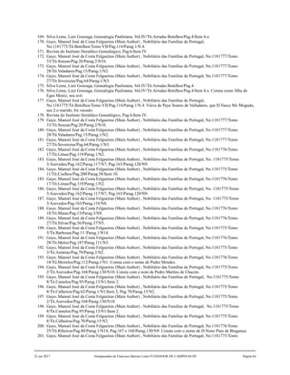 169. Silva Leme, Luiz Gonzaga, Genealogia Paulistana, Vol.IV/Tit.Arrudas Botelhos/Pag.4/Item 4.o.
170. Gayo, Manoel José da Costa Felgueiras (Main Author) , Nobiliário das Famílias de Portugal,
No.1181775/Tit.Botelhos/Tomo VII/Pag.114/Parag.1/N.4.
171. Revista do Instituto Heraldico Genealógico, Pag.6/Item IV.
172. Gayo, Manoel José da Costa Felgueiras (Main Author) , Nobiliário das Famílias de Portugal, No.1181777/Tomo
33/Tit.Souzas/Pag.20/Parag.2/N10.
173. Gayo, Manoel José da Costa Felgueiras (Main Author) , Nobiliário das Famílias de Portugal, No.1181777/Tomo
28/Tit.Valadares/Pag.15/Parag.1/N2.
174. Gayo, Manoel José da Costa Felgueiras (Main Author) , Nobiliário das Famílias de Portugal, No.1181777/Tomo
27/Tit.Soverozas/Pag.64/Parag.1/N3.
175. Silva Leme, Luiz Gonzaga, Genealogia Paulistana, Vol.IV/Tit.Arrudas Botelhos/Pag.4.
176. Silva Leme, Luiz Gonzaga, Genealogia Paulistana, Vol.IV/Tit.Arrudas Botelhos/Pag.4/Item 4.o. Consta como filha de
Egas Moniz, seu avô.
177. Gayo, Manoel José da Costa Felgueiras (Main Author) , Nobiliário das Famílias de Portugal,
No.1181775/Tit.Botelhos/Tomo VII/Pag.114/Parag.1/N.4. Viúva de Payo Soares de Valladares, que D.Vasco Mz Mogudo,
seu 2.o marido, foi vassalo.
178. Revista do Instituto Heraldico Genealógico, Pag.6/Item IV.
179. Gayo, Manoel José da Costa Felgueiras (Main Author) , Nobiliário das Famílias de Portugal, No.1181777/Tomo
33/Tit.Souzas/Pag.20/Parag.2/N10.
180. Gayo, Manoel José da Costa Felgueiras (Main Author) , Nobiliário das Famílias de Portugal, No.1181777/Tomo
28/Tit.Valadares/Pag.15/Parag.1/N2.
181. Gayo, Manoel José da Costa Felgueiras (Main Author) , Nobiliário das Famílias de Portugal, No.1181777/Tomo
27/Tit.Soverozas/Pag.64/Parag.1/N3.
182. Gayo, Manoel José da Costa Felgueiras (Main Author) , Nobiliário das Famílias de Portugal, No.1181776/Tomo
17/Tit.Limas/Pag.119/Parag.1/N2.
183. Gayo, Manoel José da Costa Felgueiras (Main Author) , Nobiliário das Famílias de Portugal, No. 1181775/Tomo
3/Azevedos/Pag.162/Parag.117/N7; Pag.163/Parag.120/N9.
184. Gayo, Manoel José da Costa Felgueiras (Main Author) , Nobiliário das Famílias de Portugal, No.1181775/Tomo
11/Tit.Coelhos/Pag.200/Parag.58/Item 10.
185. Gayo, Manoel José da Costa Felgueiras (Main Author) , Nobiliário das Famílias de Portugal, No.1181776/Tomo
17/Tit.Limas/Pag.119/Parag.1/N2.
186. Gayo, Manoel José da Costa Felgueiras (Main Author) , Nobiliário das Famílias de Portugal, No. 1181775/Tomo
3/Azevedos/Pag.162/Parag.117/N7; Pag.163/Parag.120/N9.
187. Gayo, Manoel José da Costa Felgueiras (Main Author) , Nobiliário das Famílias de Portugal, No. 1181775/Tomo
3/Azevedos/Pag.163/Parag.118/N8.
188. Gayo, Manoel José da Costa Felgueiras (Main Author) , Nobiliário das Famílias de Portugal, No.1181776/Tomo
18/Tit.Maias/Pag.13/Parag.3/N8.
189. Gayo, Manoel José da Costa Felgueiras (Main Author) , Nobiliário das Famílias de Portugal, No.1181776/Tomo
27/Tit.Silvas/Pag.36/Parag.37/N5.
190. Gayo, Manoel José da Costa Felgueiras (Main Author) , Nobiliário das Famílias de Portugal, No.1181775/Tomo
5/Tit.Barbosas/Pag.13 /Parag.1/N14.
191. Gayo, Manoel José da Costa Felgueiras (Main Author) , Nobiliário das Famílias de Portugal, No.1181776/Tomo
28/Tit.Melos/Pag.187/Parag.111/N3.
192. Gayo, Manoel José da Costa Felgueiras (Main Author) , Nobiliário das Famílias de Portugal, No.1181775/Tomo
3/Tit.Astúrias/Pag.79/Parag.3/N2.
193. Gayo, Manoel José da Costa Felgueiras (Main Author) , Nobiliário das Famílias de Portugal, No.1181776/Tomo
18/Tit.Meireles/Pag.112/Parag.1/N1. Consta com o nome de Pedro Mendes.
194. Gayo, Manoel José da Costa Felgueiras (Main Author) , Nobiliário das Famílias de Portugal, No.1181775/Tomo
2/Tit.Azevedos/Pag.168/Parag.130/N10. Consta com o nom de Pedro Martins de Chacim.
195. Gayo, Manoel José da Costa Felgueiras (Main Author) , Nobiliário das Famílias de Portugal, No.1181775/Tomo
8/Tit.Camelos/Pag.95/Parag.13/N1/Item 2.
196. Gayo, Manoel José da Costa Felgueiras (Main Author) , Nobiliário das Famílias de Portugal, No.1181775/Tomo
8/Tit.Calheiros/Pag.62/Parag.1/N1/Item 2; Pag.70/Parag.15/N2.
197. Gayo, Manoel José da Costa Felgueiras (Main Author) , Nobiliário das Famílias de Portugal, No.1181775/Tomo
2/Tit.Azevedos/Pag.168/Parag.130/N10.
198. Gayo, Manoel José da Costa Felgueiras (Main Author) , Nobiliário das Famílias de Portugal, No.1181775/Tomo
8/Tit.Camelos/Pag.95/Parag.13/N1/Item 2.
199. Gayo, Manoel José da Costa Felgueiras (Main Author) , Nobiliário das Famílias de Portugal, No.1181775/Tomo
8/Tit.Calheiros/Pag.70/Parag.15/N2.
200. Gayo, Manoel José da Costa Felgueiras (Main Author) , Nobiliário das Famílias de Portugal, No.1181776/Tomo
25/Tit.Ribeiros/Pag.80/Parag.1/N14; Pag.167 e 168/Parag.130/N9. Consta com o nome de D.Nuno Paes de Bragança.
201. Gayo, Manoel José da Costa Felgueiras (Main Author) , Nobiliário das Famílias de Portugal, No.1181775/Tomo
22 out 2017 Antepassados de Francisco Barreto Leme FUNDADOR DE CAMPINAS-SP Página 64
 