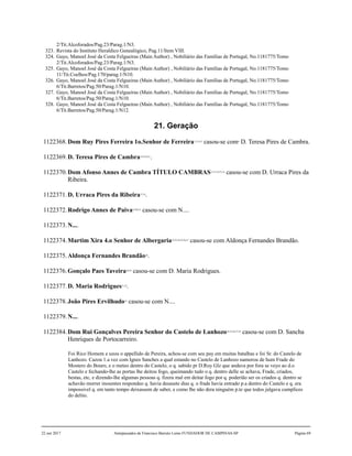 2/Tit.Alcoforados/Pag.23/Parag.1/N3.
323. Revista do Instituto Heraldico Genealógico, Pag.11/Item VIII.
324. Gayo, Manoel José da Costa Felgueiras (Main Author) , Nobiliário das Famílias de Portugal, No.1181775/Tomo
2/Tit.Alcoforados/Pag.23/Parag.1/N3.
325. Gayo, Manoel José da Costa Felgueiras (Main Author) , Nobiliário das Famílias de Portugal, No.1181775/Tomo
11/Tit.Coelhos/Pag.170/parag.1/N10.
326. Gayo, Manoel José da Costa Felgueiras (Main Author) , Nobiliário das Famílias de Portugal, No.1181775/Tomo
6/Tit.Barretos/Pag.50/Parag.1/N10.
327. Gayo, Manoel José da Costa Felgueiras (Main Author) , Nobiliário das Famílias de Portugal, No.1181775/Tomo
6/Tit.Barretos/Pag.50/Parag.1/N10.
328. Gayo, Manoel José da Costa Felgueiras (Main Author) , Nobiliário das Famílias de Portugal, No.1181775/Tomo
6/Tit.Barretos/Pag.50/Parag.1/N12.
21. Geração
1122368.Dom Ruy Pires Ferreira 1o.Senhor de Ferreira1,2,3,4,5
casou-se com6
D. Teresa Pires de Cambra.
1122369.D. Teresa Pires de Cambra7,8,9,10,11
.
1122370.Dom Afonso Annes de Cambra TÍTULO CAMBRAS12,13,14,15,16
casou-se com D. Urraca Pires da
Ribeira.
1122371.D. Urraca Pires da Ribeira17,18
.
1122372.Rodrigo Annes de Paiva19,20,21
casou-se com N....
1122373.N....
1122374.Martim Xira 4.o Senhor de Albergaria22,23,24,25,26,27
casou-se com Aldonça Fernandes Brandão.
1122375.Aldonça Fernandes Brandão28
.
1122376.Gonçalo Paes Taveira29,30
casou-se com D. Maria Rodrigues.
1122377.D. Maria Rodrigues31,32
.
1122378.João Pires Ervilhudo33
casou-se com N....
1122379.N....
1122384.Dom Rui Gonçalves Pereira Senhor do Castelo de Lanhozo34,35,36,37,38
casou-se com D. Sancha
Henriques de Portocarreiro.
Foi Rico Homem e uzou o appellido de Pereira, achou-se com seu pay em muitas batalhas e foi Sr. do Castelo de
Lanhozo. Cazou 1.a vez com Ignes Sanches a qual estando no Castelo de Lanhozo namorou de hum Frade do
Mostero do Bouro, e o meteo dentro do Castelo, o q. sabido pr D.Ruy Glz que andava por fora se veyo ao d.o
Castelo e fechando-lhe as portas lhe deitou fogo, queimando tudo o q. dentro delle se achava, Frade, criados,
bestas, etc, e dizendo-lhe algumas pessoas q. fizera mal em deitar fogo por q. poderião ser os criados q. dentro se
achavão morrer inosentes respondeo q. havia desasete dias q. o frade havia entrado p.a dentro do Castelo e q. era
impossivel q. em tanto tempo deixassem de saber, e como lhe não dera ninguém p.te que todos julgava cumplices
do delito.
22 out 2017 Antepassados de Francisco Barreto Leme FUNDADOR DE CAMPINAS-SP Página 69
 