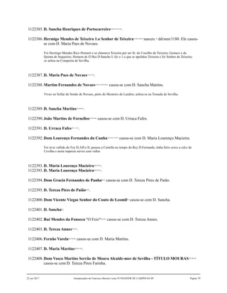 1122385.D. Sancha Henriques de Portocarreiro39,40,41,42,43,44
.
1122386.Hermigo Mendes de Teixeira 1.o Senhor de Teixeira45,46,47,48,49
nasceu 50
dd/mm/1180. Ele casou-
se com D. Maria Paes de Novaes.
Foi Hermigo Mendes Rico Homem e se chamava Teixeira por ser Sr. do Cocelho de Teixeira, Gestaco e da
Quinta de Sequeiros; Homem de El Rei D.Sancho I; foi o 1.o que se apelidou Teixeira e foi Senhor de Teixeira;
se achou na Conquista de Sevilha.
1122387.D. Maria Paes de Novaes51,52,53,54
.
1122388.Martim Fernandes de Novaes55,56,57,58,59,60,61
casou-se com D. Sancha Martins.
Viveo no Sollar de Simão de Novaes, perto do Mosteiro de Landim; achou-se na Tomada de Sevilha.
1122389.D. Sancha Martins62,63,64,65
.
1122390.João Martins de Fornellos66,67,68,69
casou-se com D. Urraca Fafes.
1122391.D. Urraca Fafes70,71,72,73
.
1122392.Dom Lourenço Fernandes da Cunha74,75,76,77,78,79
casou-se com D. Maria Lourenço Macieira.
Foi m.to vallido do Fey D.Aff.o II, passou a Castella no tempo do Rey D.Fernando, tinha feiro cerco a cid.e de
Cevilha e nesta impreza servio com vallor.
1122393.D. Maria Lourenço Macieira80,81,82,83
.
1122393.D. Maria Lourenço Macieira80,81,82,83
.
1122394.Dom Gracia Fernandes de Panha84,85
casou-se com D. Tereza Pires de Paião.
1122395.D. Tereza Pires de Paião86,87
.
1122400.Dom Vicente Viegas Senhor do Couto de Leomil88
casou-se com D. Sancha.
1122401.D. Sancha89
.
1122402.Rui Mendes da Fonseca "O Feio"90,91,92
casou-se com D. Tereza Annes.
1122403.D. Tereza Annes93,94,95
.
1122406.Fernão Varela96,97,98,99
casou-se com D. Maria Martins.
1122407.D. Maria Martins100,101,102
.
1122408.Dom Vasco Martins Serrão de Moura Alcaide-mor de Sevilha - TÍTULO MOURAS103,104,105
casou-se com D. Tereza Pires Farinha.
22 out 2017 Antepassados de Francisco Barreto Leme FUNDADOR DE CAMPINAS-SP Página 70
 