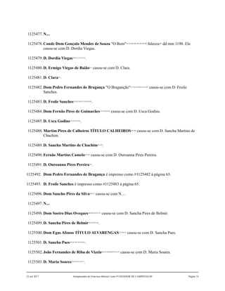 1125477.N....
1125478.Conde Dom Gonçalo Mendes de Souza "O Bom"201,202,203,204,205,206,207,208
faleceu209
dd mm 1190. Ele
casou-se com D. Dordia Viegas.
1125479.D. Dordia Viegas210,211,212,213,214
.
1125480.D. Ermigo Viegas de Baião215
casou-se com D. Clara.
1125481.D. Clara216
.
1125482.Dom Pedro Fernandes de Bragança "O Braganção"217,218,219,220,221,222,223
casou-se com D. Froile
Sanches.
1125483.D. Froile Sanches224,225,226,227,228,229,230
.
1125484.Dom Fernão Pires de Guimarães231,232,233,234
casou-se com D. Usca Godins.
1125485.D. Usca Godins235,236,237,238
.
1125488.Martim Pires de Calheiros TÍTULO CALHEIROS239,240
casou-se com D. Sancha Martins de
Chachim.
1125489.D. Sancha Martins de Chachim241,242
.
1125490.Fernão Martins Camelo243,244
casou-se com D. Ouroanna Pires Pereira.
1125491.D. Ouroanna Pires Pereira245
.
1125492. Dom Pedro Fernandes de Bragança é impresso como #1125482 à página 65.
1125493. D. Froile Sanches é impresso como #1125483 à página 65.
1125496.Dom Sancho Pires da Silva246,247
casou-se com N....
1125497.N....
1125498.Dom Soeiro Dias Oveques248,249,250,251,252
casou-se com D. Sancha Pires de Belmir.
1125499.D. Sancha Pires de Belmir253,254,255,256
.
1125500.Dom Egas Afonso TÍTULO ALVARENGAS257,258,259
casou-se com D. Sancha Paes.
1125501.D. Sancha Paes260,261,262,263,264,265
.
1125502.João Fernandes de Riba de Vizela266,267,268,269,270,271,272
casou-se com D. Maria Soares.
1125503.D. Maria Soares273,274,275,276,277
.
22 out 2017 Antepassados de Francisco Barreto Leme FUNDADOR DE CAMPINAS-SP Página 74
 