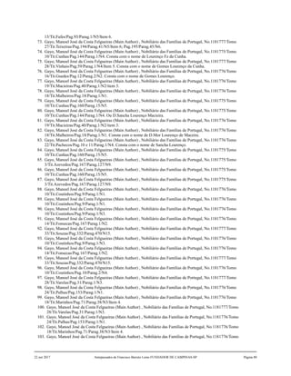 13/Tit.Fafes/Pag.93/Parag.1/N5/Item 6.
73. Gayo, Manoel José da Costa Felgueiras (Main Author) , Nobiliário das Famílias de Portugal, No.1181777/Tomo
27/Tit.Teixeiras/Pag.194/Parag.41/N5/Item 6; Pag.195/Parag.45/N6.
74. Gayo, Manoel José da Costa Felgueiras (Main Author) , Nobiliário das Famílias de Portugal, No.1181775/Tomo
10/Tit.Cunhas/Pag.144/Parag.1/N4. Consta com o nome de Lourenço Fz da Cunha.
75. Gayo, Manoel José da Costa Felgueiras (Main Author) , Nobiliário das Famílias de Portugal, No.1181777/Tomo
28/Tit.Vinhais/Pag.59/Parag.1/N4/Item 5. Consta com o nome de Gomes Lourenço da Cunha.
76. Gayo, Manoel José da Costa Felgueiras (Main Author) , Nobiliário das Famílias de Portugal, No.1181776/Tomo
16/Tit.Guedes/Pag.12/Parag.2/N2. Consta com o nome de Gomes Lourenço.
77. Gayo, Manoel José da Costa Felgueiras (Main Author) , Nobiliário das Famílias de Portugal, No.1181776/Tomo
19/Tit.Macieiras/Pag.40/Parag.1/N2/item 3.
78. Gayo, Manoel José da Costa Felgueiras (Main Author) , Nobiliário das Famílias de Portugal, No.1181776/Tomo
18/Tit.Malheiros/Pag.18/Parag.1/N1.
79. Gayo, Manoel José da Costa Felgueiras (Main Author) , Nobiliário das Famílias de Portugal, No.1181775/Tomo
10/Tit.Cunhas/Pag.160/Parag.15/N5.
80. Gayo, Manoel José da Costa Felgueiras (Main Author) , Nobiliário das Famílias de Portugal, No.1181775/Tomo
10/Tit.Cunhas/Pag.144/Parag.1/N4. Ou D.Sancha Lourenço Macieira.
81. Gayo, Manoel José da Costa Felgueiras (Main Author) , Nobiliário das Famílias de Portugal, No.1181776/Tomo
19/Tit.Macieiras/Pag.40/Parag.1/N2/item 3.
82. Gayo, Manoel José da Costa Felgueiras (Main Author) , Nobiliário das Famílias de Portugal, No.1181776/Tomo
18/Tit.Malheiros/Pag.18/Parag.1/N1. Consta com o nome de D.Mor Lourenço de Maceira.
83. Gayo, Manoel José da Costa Felgueiras (Main Author) , Nobiliário das Famílias de Portugal, No.1181776/Tomo
22/Tit.Pachecos/Pag.10 e 11/Parag.1/N4. Consta com o nome de Sancha Lourenço.
84. Gayo, Manoel José da Costa Felgueiras (Main Author) , Nobiliário das Famílias de Portugal, No.1181775/Tomo
10/Tit.Cunhas/Pag.160/Parag.15/N5.
85. Gayo, Manoel José da Costa Felgueiras (Main Author) , Nobiliário das Famílias de Portugal, No.1181775/Tomo
3/Tit.Azevedos/Pag.167/Parag.127/N9.
86. Gayo, Manoel José da Costa Felgueiras (Main Author) , Nobiliário das Famílias de Portugal, No.1181775/Tomo
10/Tit.Cunhas/Pag.160/Parag.15/N5.
87. Gayo, Manoel José da Costa Felgueiras (Main Author) , Nobiliário das Famílias de Portugal, No.1181775/Tomo
3/Tit.Azevedos/Pag.167/Parag.127/N9.
88. Gayo, Manoel José da Costa Felgueiras (Main Author) , Nobiliário das Famílias de Portugal, No.1181776/Tomo
10/Tit.Coutinhos/Pag.9/Parag.1/N1.
89. Gayo, Manoel José da Costa Felgueiras (Main Author) , Nobiliário das Famílias de Portugal, No.1181776/Tomo
10/Tit.Coutinhos/Pag.9/Parag.1/N1.
90. Gayo, Manoel José da Costa Felgueiras (Main Author) , Nobiliário das Famílias de Portugal, No.1181776/Tomo
10/Tit.Coutinhos/Pag.9/Parag.1/N3.
91. Gayo, Manoel José da Costa Felgueiras (Main Author) , Nobiliário das Famílias de Portugal, No.1181776/Tomo
14/Tit.Fonsecas/Pag.167/Parag.1/N2.
92. Gayo, Manoel José da Costa Felgueiras (Main Author) , Nobiliário das Famílias de Portugal, No.1181777/Tomo
33/Tit.Souzas/Pag.332/Parag.470/N15.
93. Gayo, Manoel José da Costa Felgueiras (Main Author) , Nobiliário das Famílias de Portugal, No.1181776/Tomo
10/Tit.Coutinhos/Pag.9/Parag.1/N3.
94. Gayo, Manoel José da Costa Felgueiras (Main Author) , Nobiliário das Famílias de Portugal, No.1181776/Tomo
14/Tit.Fonsecas/Pag.167/Parag.1/N2.
95. Gayo, Manoel José da Costa Felgueiras (Main Author) , Nobiliário das Famílias de Portugal, No.1181777/Tomo
33/Tit.Souzas/Pag.332/Parag.470/N15.
96. Gayo, Manoel José da Costa Felgueiras (Main Author) , Nobiliário das Famílias de Portugal, No.1181776/Tomo
10/Tit.Coutinhos/Pag.10/Parag.2/N4.
97. Gayo, Manoel José da Costa Felgueiras (Main Author) , Nobiliário das Famílias de Portugal, No.1181777/Tomo
28/Tit.Varelas/Pag.31/Parag.1/N3.
98. Gayo, Manoel José da Costa Felgueiras (Main Author) , Nobiliário das Famílias de Portugal, No.1181776/Tomo
24/Tit.Palhas/Pag.153/Parag.1/N1.
99. Gayo, Manoel José da Costa Felgueiras (Main Author) , Nobiliário das Famílias de Portugal, No.1181776/Tomo
18/Tit.Marinhos/Pag.71/Parag.38/N3/Item 4.
100. Gayo, Manoel José da Costa Felgueiras (Main Author) , Nobiliário das Famílias de Portugal, No.1181777/Tomo
28/Tit.Varelas/Pag.31/Parag.1/N3.
101. Gayo, Manoel José da Costa Felgueiras (Main Author) , Nobiliário das Famílias de Portugal, No.1181776/Tomo
24/Tit.Palhas/Pag.153/Parag.1/N1.
102. Gayo, Manoel José da Costa Felgueiras (Main Author) , Nobiliário das Famílias de Portugal, No.1181776/Tomo
18/Tit.Marinhos/Pag.71/Parag.38/N3/Item 4.
103. Gayo, Manoel José da Costa Felgueiras (Main Author) , Nobiliário das Famílias de Portugal, No.1181776/Tomo
22 out 2017 Antepassados de Francisco Barreto Leme FUNDADOR DE CAMPINAS-SP Página 80
 