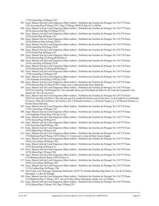 17/Tit.Limas/Pag.119/Parag.1/N2.
293. Gayo, Manoel José da Costa Felgueiras (Main Author) , Nobiliário das Famílias de Portugal, No.1181775/Tomo
3/Tit.Azevedos/Pag.97/Parag.1/N11; Pag.173/Parag.149/N10; Pag.167 e 168/Par.
294. Gayo, Manoel José da Costa Felgueiras (Main Author) , Nobiliário das Famílias de Portugal, No.1181777/Tomo
28/Tit.Vasconcelos/Pag.165/Parag.187/N7.
295. Gayo, Manoel José da Costa Felgueiras (Main Author) , Nobiliário das Famílias de Portugal, No.1181776/Tomo
15/Tit.Girões/Pag.96/Parag.1/N1.
296. Gayo, Manoel José da Costa Felgueiras (Main Author) , Nobiliário das Famílias de Portugal, No.1181776/Tomo
24/Tit.Pinheiros/Pag.56/Parag.70/N11.
297. Gayo, Manoel José da Costa Felgueiras (Main Author) , Nobiliário das Famílias de Portugal, No.1181776/Tomo
16/Tit.Laras/Pag.243/Parag.2/N10.
298. Gayo, Manoel José da Costa Felgueiras (Main Author) , Nobiliário das Famílias de Portugal, No.1181776/Tomo
15/Tit.Girões/Pag.96/Parag.1/N1.
299. Gayo, Manoel José da Costa Felgueiras (Main Author) , Nobiliário das Famílias de Portugal, No.1181776/Tomo
22/Tit.Pereiras/Pag.223/Parag.86/N8/Item 9.
300. Gayo, Manoel José da Costa Felgueiras (Main Author) , Nobiliário das Famílias de Portugal, No.1181776/Tomo
16/Tit.Laras/Pag.243/Parag.2/N10.
301. Gayo, Manoel José da Costa Felgueiras (Main Author) , Nobiliário das Famílias de Portugal, No.1181776/Tomo
22/Tit.Pereiras/Pag.223/Parag.86/N8/Item 9.
302. Gayo, Manoel José da Costa Felgueiras (Main Author) , Nobiliário das Famílias de Portugal, No.1181776/Tomo
17/Tit.Limas/Pag.119/Parag.1/N1.
303. Gayo, Manoel José da Costa Felgueiras (Main Author) , Nobiliário das Famílias de Portugal, No.1181775/Tomo
1/Tit.Andrades Freires/Pag.139/Cap.2.o/N1.
304. Gayo, Manoel José da Costa Felgueiras (Main Author) , Nobiliário das Famílias de Portugal, No.1181776/Tomo
22/Tit.Pereiras/Pag.223/Para.85/N9. Consta com o nome de Fernão Ayres Baticella.
305. Gayo, Manoel José da Costa Felgueiras (Main Author) , Nobiliário das Famílias de Portugal, No.1181776/Tomo
XVII/Tit.Liras/Pag.134/Princípio/N2. Teve amizade ilícita com D.Godinha do Mato Sr. do Couta de Leygrande Liras
(depois de viúvo de sua m.er).
306. Gayo, Manoel José da Costa Felgueiras (Main Author) , Nobiliário das Famílias de Portugal, No.1181776/Tomo
XVII/Tit.Liras/Pag.134/Nota 2. Diz esta nota que Foi cazado D.Vermuis com Urraca H.es, f.a do Conde H.es e da Rainha
D.Tereza e filha de D.Affonso I de Castela e teve 3 D.Sancha Vermuis c.c. D.Soeiro Viegas c.g. 3 D.Thereza Vermuis c.c.
Fernão Darias Batistela.
307. Gayo, Manoel José da Costa Felgueiras (Main Author) , Nobiliário das Famílias de Portugal, No.1181776/Tomo
17/Tit.Limas/Pag.119/Parag.1/N1.
308. Gayo, Manoel José da Costa Felgueiras (Main Author) , Nobiliário das Famílias de Portugal, No.1181775/Tomo
1/Tit.Andrades Freires/Pag.139/Cap.2.o/N1.
309. Gayo, Manoel José da Costa Felgueiras (Main Author) , Nobiliário das Famílias de Portugal, No.1181777/Tomo
33/Tit.Souzas/Pag.22/Parag.4/11.
310. Gayo, Manoel José da Costa Felgueiras (Main Author) , Nobiliário das Famílias de Portugal, No.1181775/Tomo
2/Tit.Azevedos/Pag.96/Parag.1/N9.
311. Gayo, Manoel José da Costa Felgueiras (Main Author) , Nobiliário das Famílias de Portugal, No.1181776/Tomo
18/Tit.Maias/Pag.12/Parag.2/N6.
312. Gayo, Manoel José da Costa Felgueiras (Main Author) , Nobiliário das Famílias de Portugal, No.1181775/Tomo
5/Tit.Barbosas/Pag.85/Parag.154/N12/Item 13. Consta com o nome de Payo Soares Zapata.
313. Gayo, Manoel José da Costa Felgueiras (Main Author) , Nobiliário das Famílias de Portugal, No.1181775/Tomo
10/Tit.Curvos/Pag.140/Parag.1/N2.
314. Gayo, Manoel José da Costa Felgueiras (Main Author) , Nobiliário das Famílias de Portugal, No.1181777/Tomo
33/Tit.Souzas/Pag.22/Parag.4/11.
315. Gayo, Manoel José da Costa Felgueiras (Main Author) , Nobiliário das Famílias de Portugal, No.1181776/Tomo
18/Tit.Maias/Pag.12/Parag.2/N6.
316. Gayo, Manoel José da Costa Felgueiras (Main Author) , Nobiliário das Famílias de Portugal, No.1181775/Tomo
5/Tit.Barbosas/Pag.85/Parag.154/N12/Item 13.
317. Gayo, Manoel José da Costa Felgueiras (Main Author) , Nobiliário das Famílias de Portugal, No.1181775/Tomo
10/Tit.Curvos/Pag.140/Parag.1/N2.
318. Gayo, Manoel José da Costa Felgueiras (Main Author) , Nobiliário das Famílias de Portugal, No.1181775/Tomo
11/Tit.Coelhos/Pag.169/Parag.1/N8.
319. Silva Leme, Luiz Gonzaga, Genealogia Paulistana, Vol.IV/Tit.Arrudas Botelhos/Pag.4/Item 4.o. Aio de D.Afonso
Henriques, 1.o Rei de Portugal.
320. Gayo, Manoel José da Costa Felgueiras (Main Author) , Nobiliário das Famílias de Portugal, No.1181775/Tomo
5/Tit.Barbosas/Pag.13 /Parag.1/N13. Aio do El Rey Afonso Henriques, donde vem os Coelhos.
321. Gayo, Manoel José da Costa Felgueiras (Main Author) , Nobiliário das Famílias de Portugal, No.1181776/Tomo
18/Tit.Mayas/Pag.11/Parag.1/N5; Pag.12/Parag.2/N7.
22 out 2017 Antepassados de Francisco Barreto Leme FUNDADOR DE CAMPINAS-SP Página 87
 