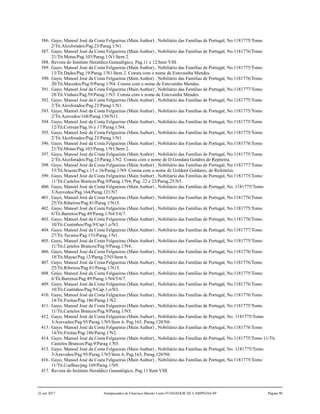 386. Gayo, Manoel José da Costa Felgueiras (Main Author) , Nobiliário das Famílias de Portugal, No.1181775/Tomo
2/Tit.Alcoforados/Pag.23/Parag.1/N1.
387. Gayo, Manoel José da Costa Felgueiras (Main Author) , Nobiliário das Famílias de Portugal, No.1181776/Tomo
21/Tit.Motas/Pag.103/Parag.1/N1/Item 2.
388. Revista do Instituto Heraldico Genealógico, Pag.11 e 12/Item VIII.
389. Gayo, Manoel José da Costa Felgueiras (Main Author) , Nobiliário das Famílias de Portugal, No.1181775/Tomo
13/Tit.Dades/Pag.19/Parag.1/N1/Item 2. Consta com o nome de Estevainha Mendes.
390. Gayo, Manoel José da Costa Felgueiras (Main Author) , Nobiliário das Famílias de Portugal, No.1181776/Tomo
20/Tit.Macedos/Pag.9/Parag.1/N4. Consta com o nome de Estevainha Mendes.
391. Gayo, Manoel José da Costa Felgueiras (Main Author) , Nobiliário das Famílias de Portugal, No.1181777/Tomo
28/Tit.Vinhais/Pag.59/Parag.1/N3. Consta com o nome de Estevainha Mendes.
392. Gayo, Manoel José da Costa Felgueiras (Main Author) , Nobiliário das Famílias de Portugal, No.1181775/Tomo
2/Tit.Alcoforados/Pag.23/Parag.1/N1.
393. Gayo, Manoel José da Costa Felgueiras (Main Author) , Nobiliário das Famílias de Portugal, No.1181775/Tomo
2/Tit.Azevedos/168/Parag.130/N11.
394. Gayo, Manoel José da Costa Felgueiras (Main Author) , Nobiliário das Famílias de Portugal, No.1181775/Tomo
12/Tit.Correas/Pag.16 e 17/Parag.1/N4.
395. Gayo, Manoel José da Costa Felgueiras (Main Author) , Nobiliário das Famílias de Portugal, No.1181775/Tomo
2/Tit.Alcoforados/Pag.23/Parag.1/N1.
396. Gayo, Manoel José da Costa Felgueiras (Main Author) , Nobiliário das Famílias de Portugal, No.1181776/Tomo
21/Tit.Motas/Pag.103/Parag.1/N1/Item 2.
397. Gayo, Manoel José da Costa Felgueiras (Main Author) , Nobiliário das Famílias de Portugal, No.1181775/Tomo
2/Tit.Alcoforados/Pag.23/Parag.1/N2. Consta com o nome de D.Gondara Goldres de Repiteira.
398. Gayo, Manoel José da Costa Felgueiras (Main Author) , Nobiliário das Famílias de Portugal, No.1181777/Tomo
33/Tit.Souzas/Pag.s 15 e 16/Parag.1/N9. Consta com o nome de Goldora Goldares, de Refeiteira.
399. Gayo, Manoel José da Costa Felgueiras (Main Author) , Nobiliário das Famílias de Portugal, No.1181775/Tomo
11/Tit.Castelos Brancos/Pag.9/Parag.1/N4; Pag. 22 e 23/Parag.25/N5.
400. Gayo, Manoel José da Costa Felgueiras (Main Author) , Nobiliário das Famílias de Portugal, No. 1181775/Tomo
3/Azevedos/Pag.164/Parag.121/N7.
401. Gayo, Manoel José da Costa Felgueiras (Main Author) , Nobiliário das Famílias de Portugal, No.1181776/Tomo
25/Tit.Ribeiros/Pag.81/Parag.1/N15.
402. Gayo, Manoel José da Costa Felgueiras (Main Author) , Nobiliário das Famílias de Portugal, No.1181775/Tomo
6/Tit.Barretos/Pag.49/Parag.1/N4/5/6/7.
403. Gayo, Manoel José da Costa Felgueiras (Main Author) , Nobiliário das Famílias de Portugal, No.1181776/Tomo
10/Tit.Coutinhos/Pag.9/Cap.1.o/N3.
404. Gayo, Manoel José da Costa Felgueiras (Main Author) , Nobiliário das Famílias de Portugal, No.1181777/Tomo
27/Tit.Tavares/Pag.153/Parag.1/N1.
405. Gayo, Manoel José da Costa Felgueiras (Main Author) , Nobiliário das Famílias de Portugal, No.1181775/Tomo
11/Tit.Castelos Brancos/Pag.9/Parag.1/N4.
406. Gayo, Manoel José da Costa Felgueiras (Main Author) , Nobiliário das Famílias de Portugal, No.1181776/Tomo
18/Tit.Mayas/Pag.12/Parag.2/N5/Item 6.
407. Gayo, Manoel José da Costa Felgueiras (Main Author) , Nobiliário das Famílias de Portugal, No.1181776/Tomo
25/Tit.Ribeiros/Pag.81/Parag.1/N15.
408. Gayo, Manoel José da Costa Felgueiras (Main Author) , Nobiliário das Famílias de Portugal, No.1181775/Tomo
6/Tit.Barretos/Pag.49/Parag.1/N4/5/6/7.
409. Gayo, Manoel José da Costa Felgueiras (Main Author) , Nobiliário das Famílias de Portugal, No.1181776/Tomo
10/Tit.Coutinhos/Pag.9/Cap.1.o/N3.
410. Gayo, Manoel José da Costa Felgueiras (Main Author) , Nobiliário das Famílias de Portugal, No.1181776/Tomo
14/Tit.Freitas/Pag.186/Parag.1/N2.
411. Gayo, Manoel José da Costa Felgueiras (Main Author) , Nobiliário das Famílias de Portugal, No.1181775/Tomo
11/Tit.Castelos Brancos/Pag.9/Parag.1/N5.
412. Gayo, Manoel José da Costa Felgueiras (Main Author) , Nobiliário das Famílias de Portugal, No. 1181775/Tomo
3/Azevedos/Pag.95/Parag.1/N5/Item 6; Pag.163, Parag.120/N6.
413. Gayo, Manoel José da Costa Felgueiras (Main Author) , Nobiliário das Famílias de Portugal, No.1181776/Tomo
14/Tit.Freitas/Pag.186/Parag.1/N2.
414. Gayo, Manoel José da Costa Felgueiras (Main Author) , Nobiliário das Famílias de Portugal, No.1181775/Tomo 11/Tit.
Castelos Brancos/Pag.9/Parag.1/N5.
415. Gayo, Manoel José da Costa Felgueiras (Main Author) , Nobiliário das Famílias de Portugal, No. 1181775/Tomo
3/Azevedos/Pag.95/Parag.1/N5/Item 6; Pag.163, Parag.120/N6.
416. Gayo, Manoel José da Costa Felgueiras (Main Author) , Nobiliário das Famílias de Portugal, No.1181775/Tomo
11/Tit.Coelhos/pag.169/Parag.1/N9.
417. Revista do Instituto Heraldico Genealógico, Pag.11/Item VIII.
22 out 2017 Antepassados de Francisco Barreto Leme FUNDADOR DE CAMPINAS-SP Página 90
 