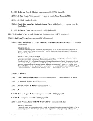 2244829. D. Urraca Pires da Ribeira é impresso como #1122371 à página 62.
2244830.D. Paio Correa "O Alvarazento"147,148,149
casou-se com D. Maria Mendes de Melo.
2244831.D. Maria Mendes de Melo150,151,152
.
2249088.Conde Dom Mem Paes Rufino Senhor de Estella "O Bofinho"153,154,155,156
casou-se com157
D.
Sancha Paes.
2249089. D. Sancha Paes é impresso como #1125501 à página 65.
2249090. Dom Pedro Paes da Maia Alferes-mor é impresso como #562764 à página 49.
2249091. D. Elvira Viegas é impresso como #562765 à página 49.
2249092.Dom Paio Delgado TÍTULOS RABELOS E SOARES DE ALBERGARIA158,159,160,161
casou-se
com D. Jonis.
TÍTULO RABELOS
O Conde D.Pedro principia esta família em D.Payo Delgado q. foi um dos mais qualificados Fidalgos de seu
tempo e viveo no tempo do Rey D.Affonso H.es e com elle se achou na tomada de Lx.a em 1177 e fundou a
Alvergaria de Payo Delgado.
TÍTULO SOARES DE ALBERGARIA
A nobilissima família de Soares de Albergaria he muito antiga e quase toca o principio do Reyno, o bispo de
Malaca D.João Ribeiro Gayo entendeo trazer a sua origem dos Godos.
Dom Paio Delgado foi o q. fundou a Albergaria de S.Justa em Lisboa junto do Poço de Burratem no cítio onde
está o Palácio do Marquez de Cascaes, a qual fundou para descanço dos passageiros e desta fundação se deriva o
appellido de Albergaria. D.Paio Delgado se achou na tomada de Lisboa com El Rey D.Aff.o H.es em 1147 e
devia ser herdado na d.a cid.e e pois nella teve bens e fundou a d.a Albergaria; achou-se na batalha do Campo de
Ourique; acompanhou o grande Gonçalo Mendes da Maya, o Lidador em todas as suas lides.
2249093.D. Jonis162,163
.
2249112.Dom Gomes Mendes Guedes164,165,166,167,168,169,170,171
casou-se com D. Flamulla Mendes de Souza.
2249113.D. Flamulla Mendes de Souza172,173,174,175,176,177,178
.
2249114.Vasco Guedelha de Ambia179,180
casou-se com N....
2249115.N....
2249152. Fernão Vasques de Novaes é impresso como #2244776 à página 83.
2249153. N... é impresso como #2244777 à página 83.
2249168.Dom Pedro Arbeiro TÍTULO TURRICHÕES181
casou-se com D. Ero.
TÍTULO TURRICHÕES
D.Pedro de Arbrito he o pr. em que principia o Conde D.P.o diz lafara com hum reto Cavalleiro sobre a Casa de
Ourence e que andava o Cavalleiro em demanda com o Bispo e com o Cabido q. se não pode deceder mais q.
22 out 2017 Antepassados de Francisco Barreto Leme FUNDADOR DE CAMPINAS-SP Página 94
 