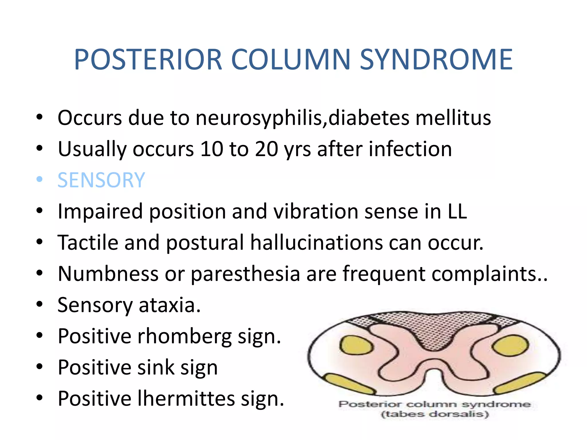 POSTERIOR COLUMN SYNDROME
• Occurs due to neurosyphilis,diabetes mellitus
• Usually occurs 10 to 20 yrs after infection
• SENSORY
• Impaired position and vibration sense in LL
• Tactile and postural hallucinations can occur.
• Numbness or paresthesia are frequent complaints..
• Sensory ataxia.
• Positive rhomberg sign.
• Positive sink sign
• Positive lhermittes sign.
 