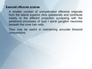 Lateral efferent system

    A smaller number of unmyelinated efferents originate
    from the lateral superior olive ipsilaterally and contribute
    mainly to the efferent projection synapsing with the
    peripheral processes of type I spiral ganglion neurones
    beneath the inner hair cells.

    They may be useful in maintaining accurate binaural
    comparisons.
 