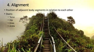 4. Alignment
• Position of adjacent body segments in relation to each other
• Stairs:
• Torso
• Hip
• Knee
• Ankle
 